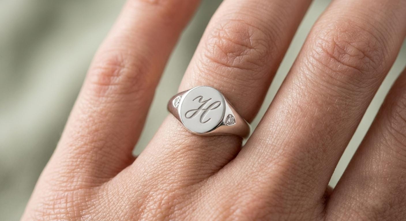 Custom Initial Signet Ring, Personalized Engraved Name Jewelry, Sterling Silver Accent Stones