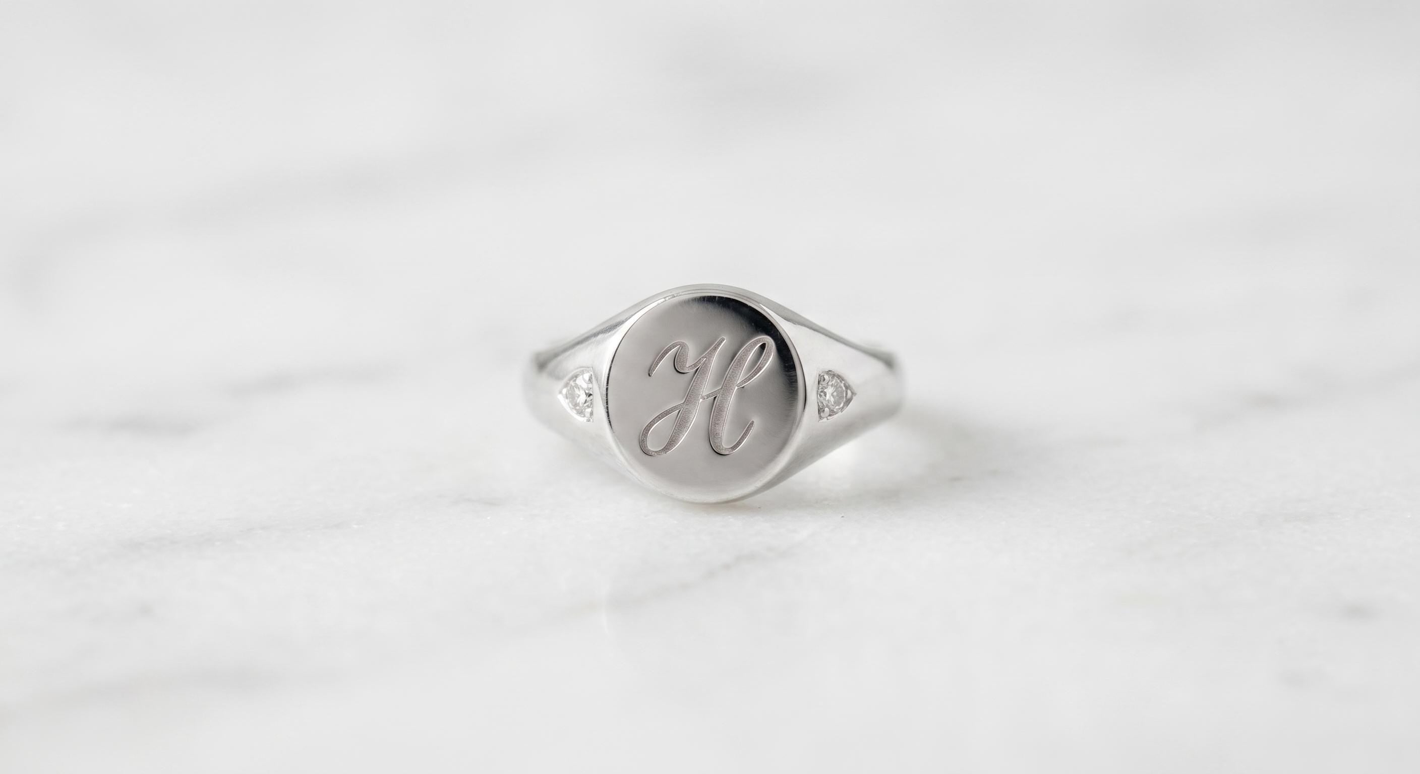 Custom Initial Signet Ring, Personalized Engraved Name Jewelry, Sterling Silver Accent Stones