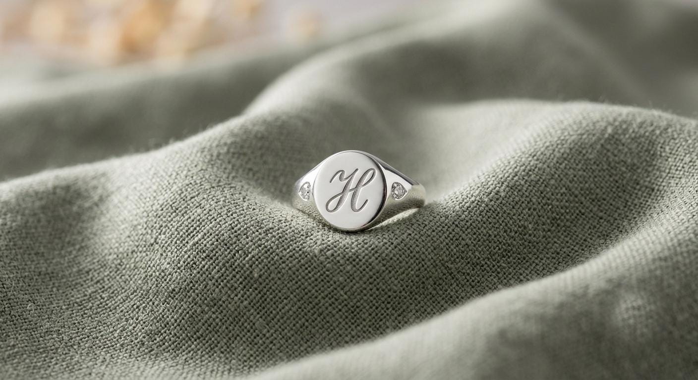 Custom Initial Signet Ring, Personalized Engraved Name Jewelry, Sterling Silver Accent Stones