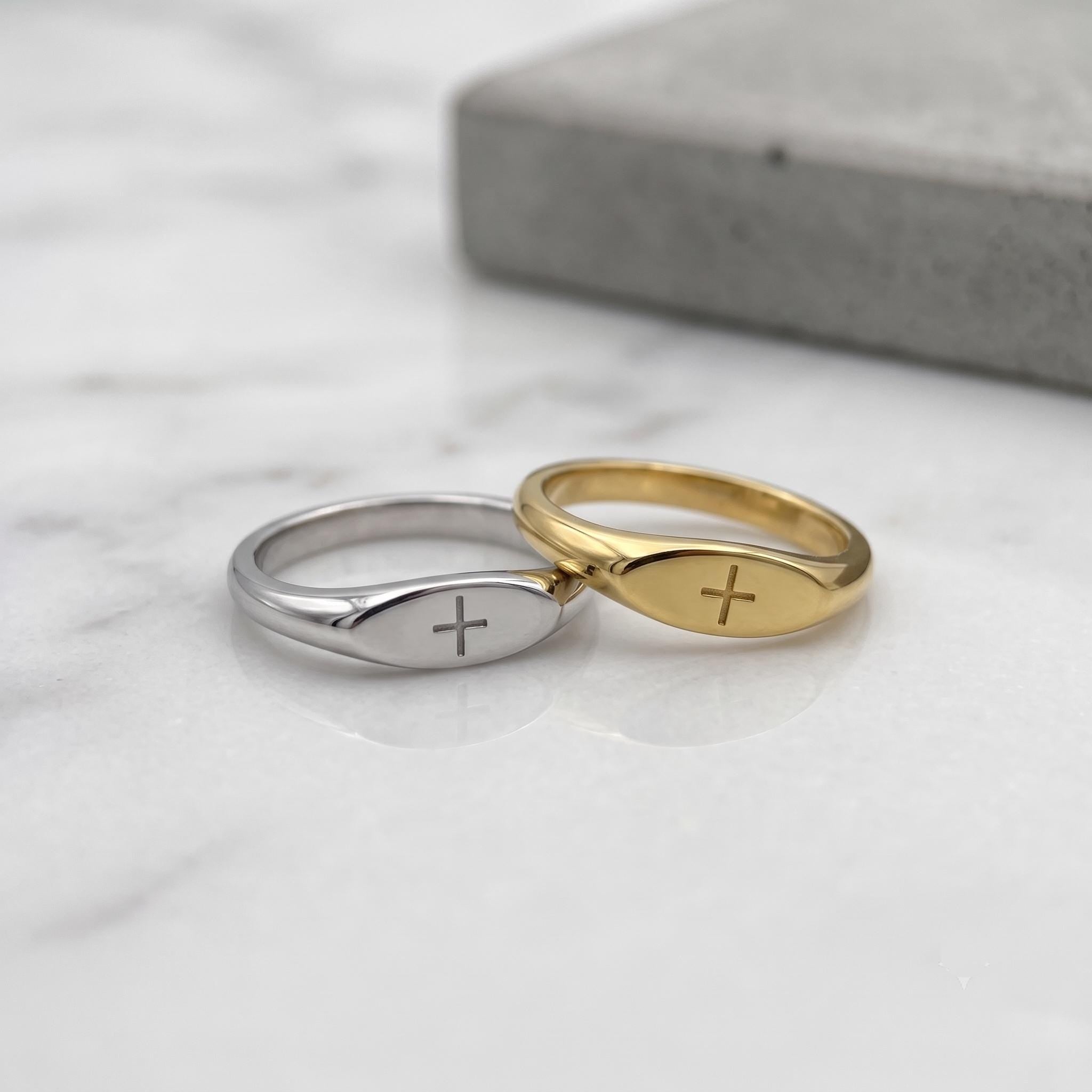 Minimalist Gold Cross Signet Ring, Dainty Stackable Religious Jewelry