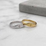 Minimalist Gold Cross Signet Ring, Dainty Stackable Religious Jewelry