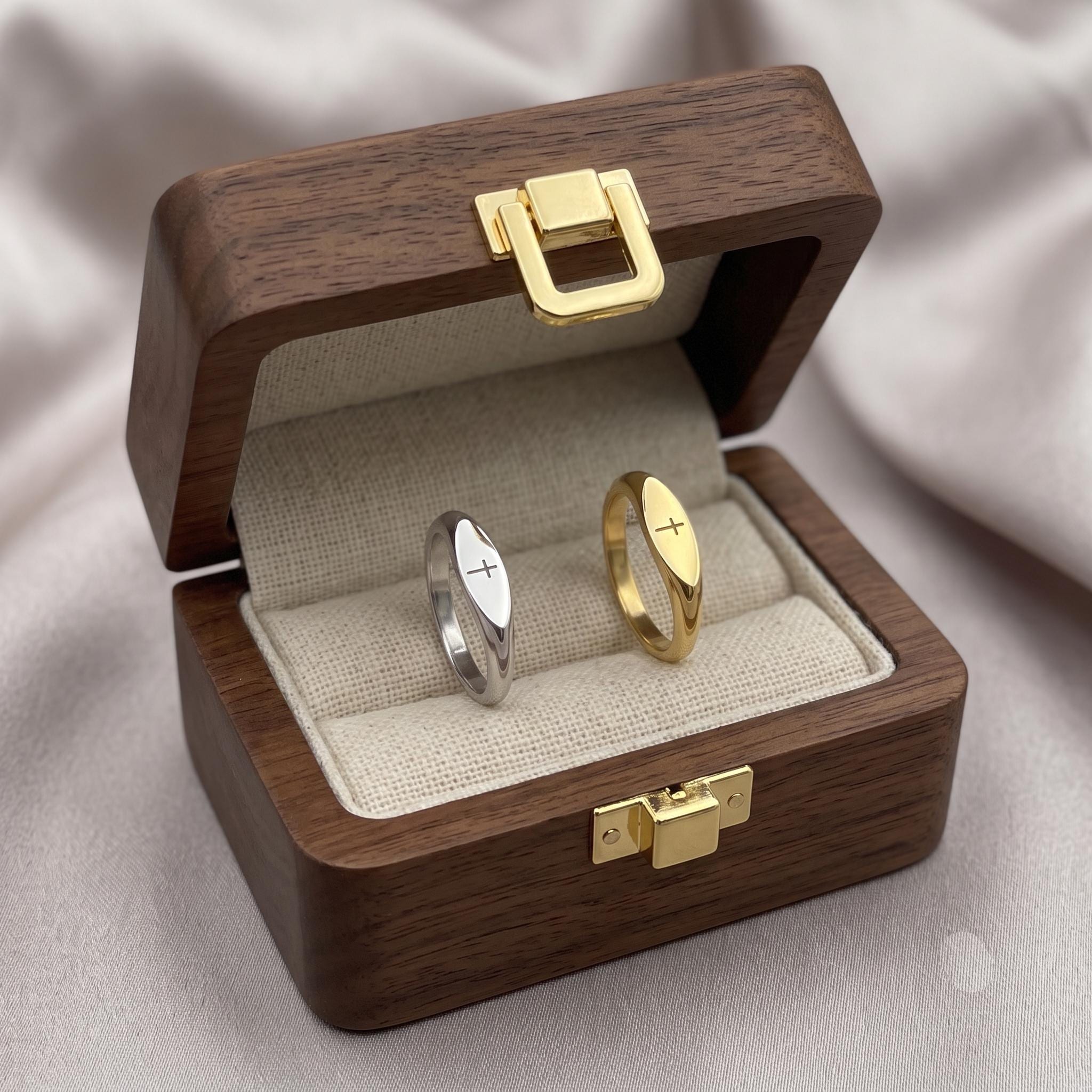 Minimalist Gold Cross Signet Ring, Dainty Stackable Religious Jewelry