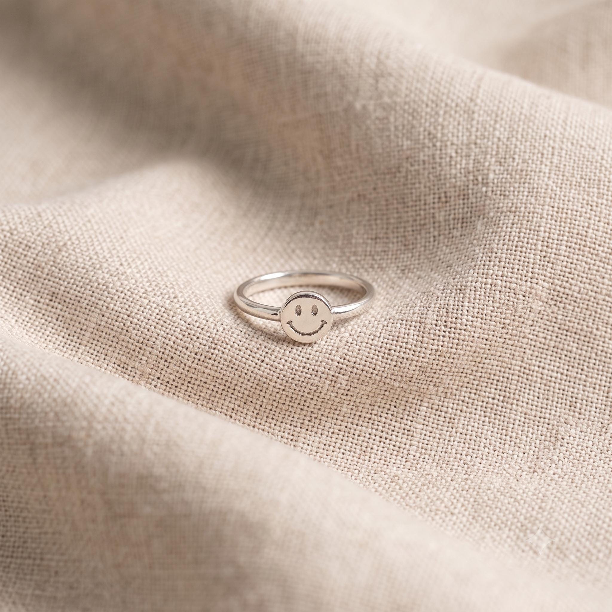 Dainty Sterling Silver Smiley Face Ring, Minimalist Adjustable Happiness Jewelry
