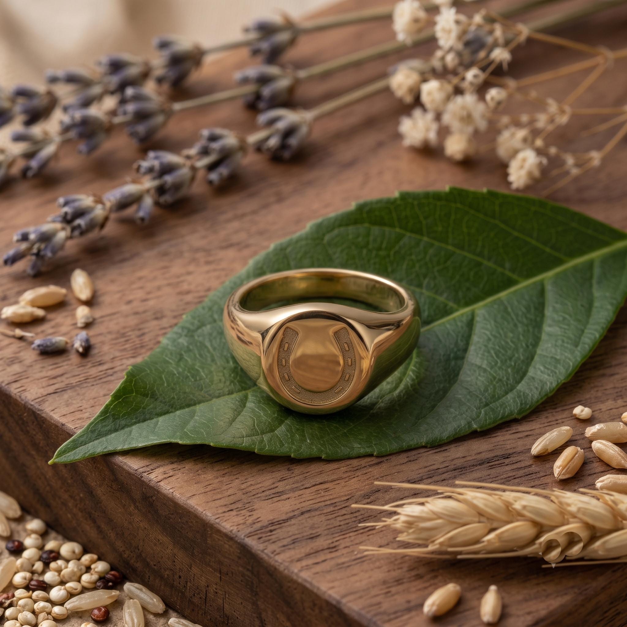 Solid Gold Horseshoe Signet Ring, Minimalist Equestrian Band, Lucky Charm Jewelry