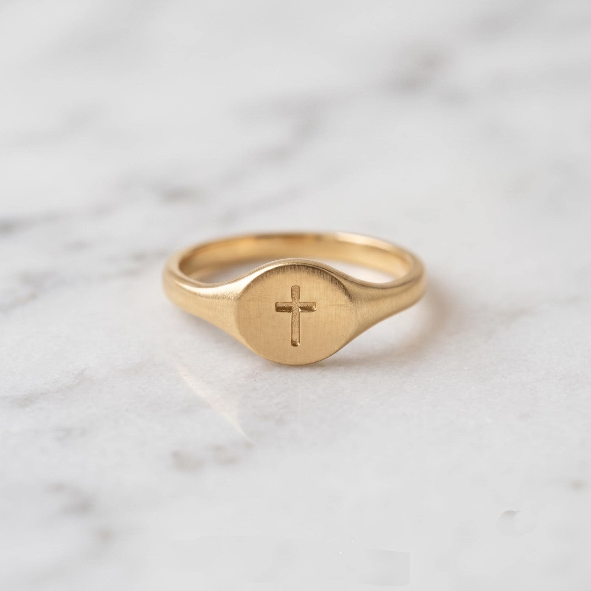 Dainty Gold Cross Signet Ring, Minimalist Faith Jewelry, Stacking Ring