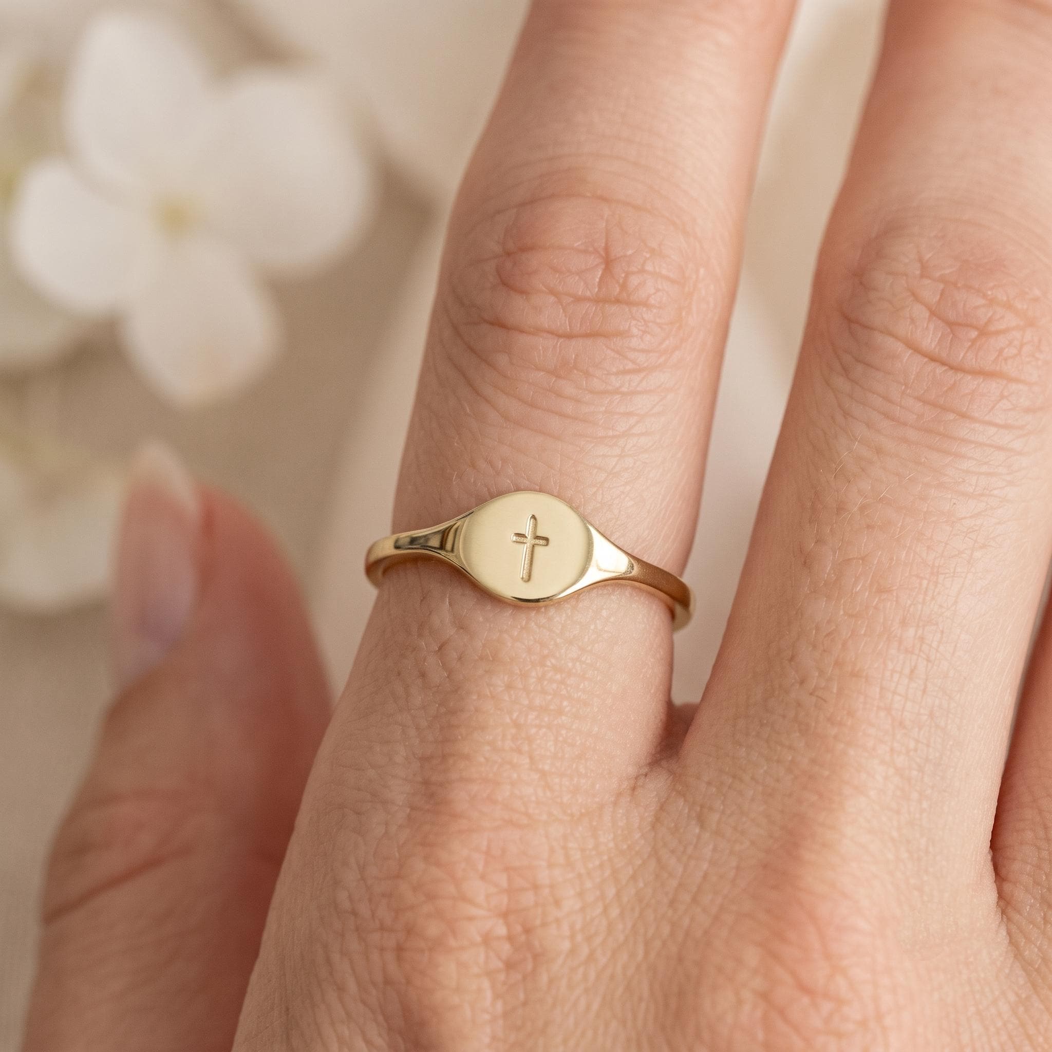 Dainty Gold Cross Signet Ring, Minimalist Faith Jewelry, Stacking Ring