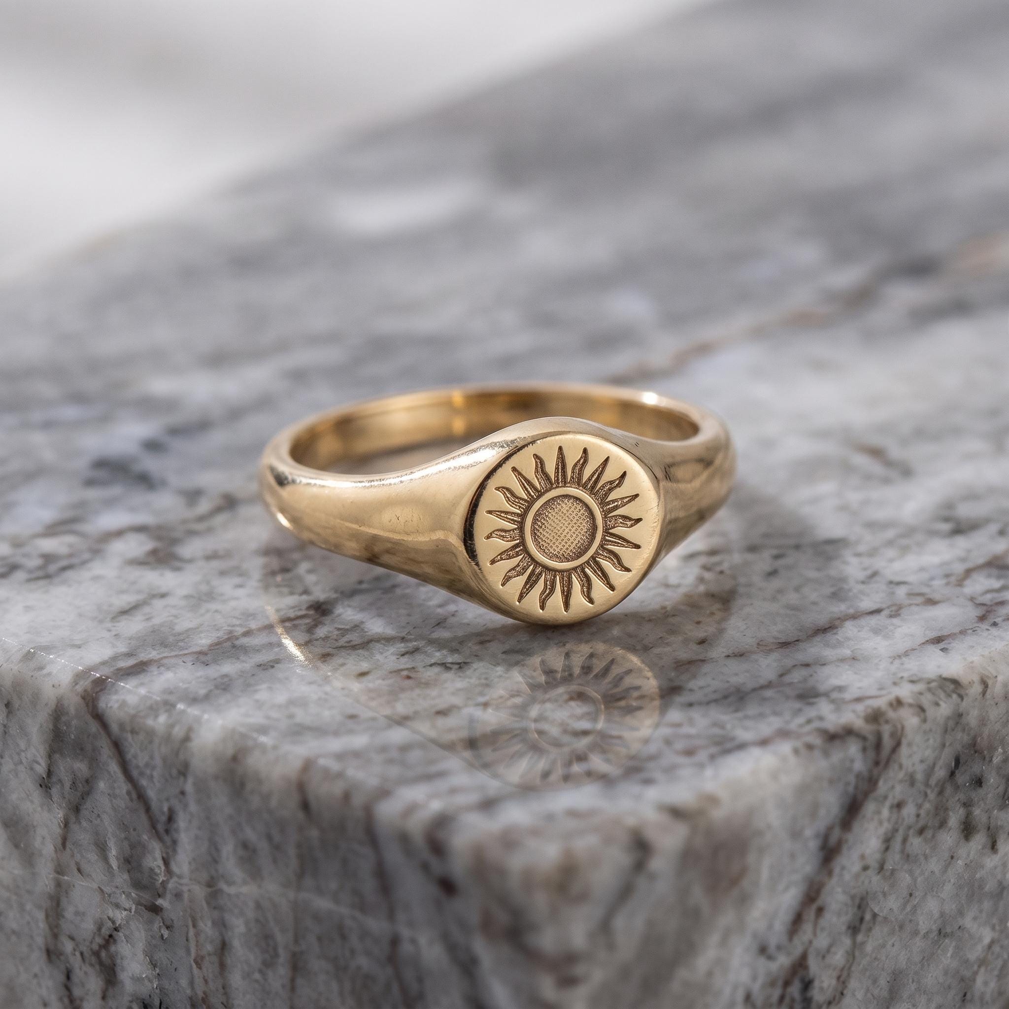 Dainty Sunburst Signet Ring | Gold Celestial Statement Band | Minimalist Everyday Stacking Jewelry