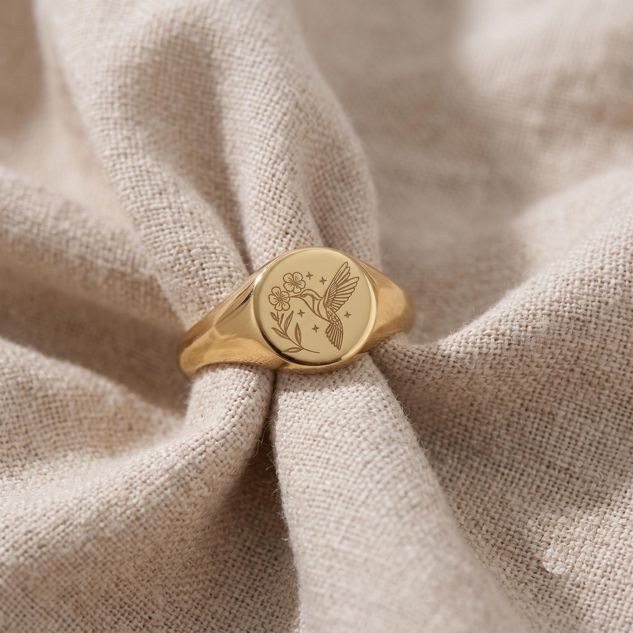 Dainty Hummingbird Signet Ring | 18k Gold Plated Nature Jewelry