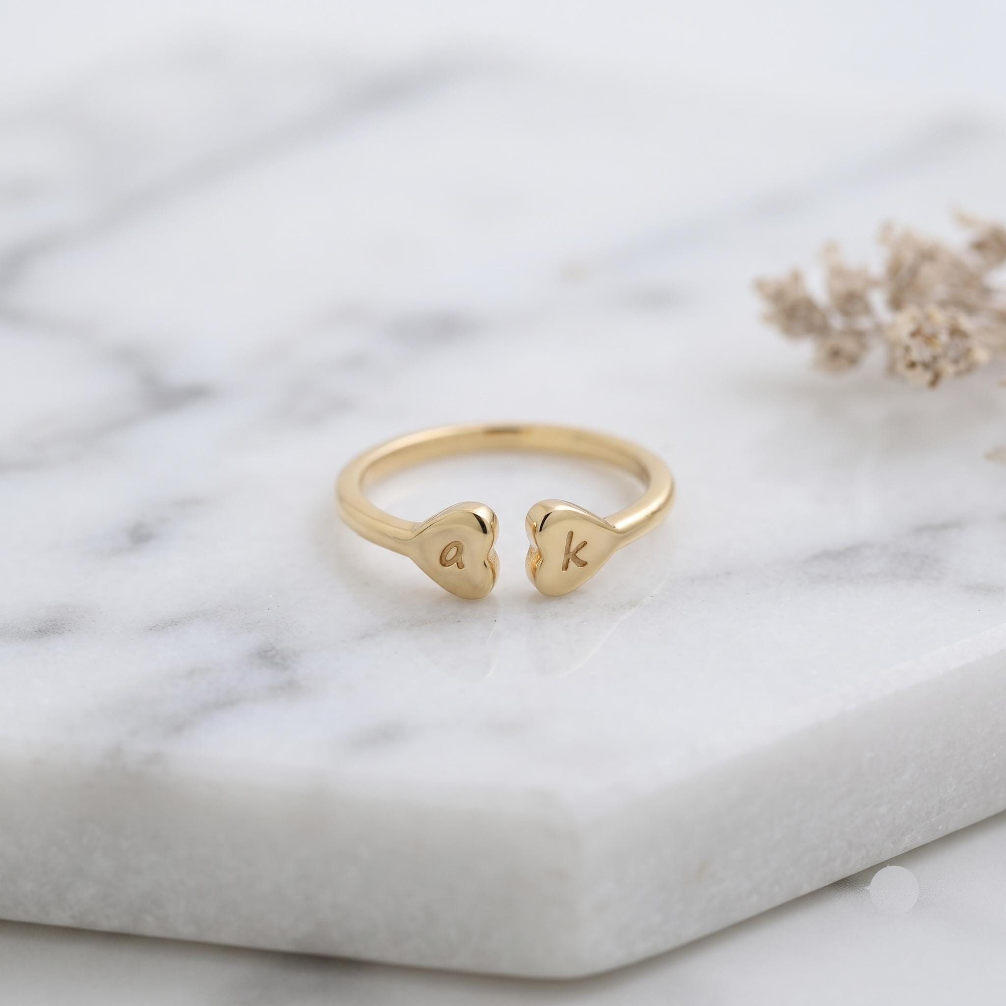 Personalized Two Initial Heart Ring, Custom Letter Couple Band, Anniversary Gift
