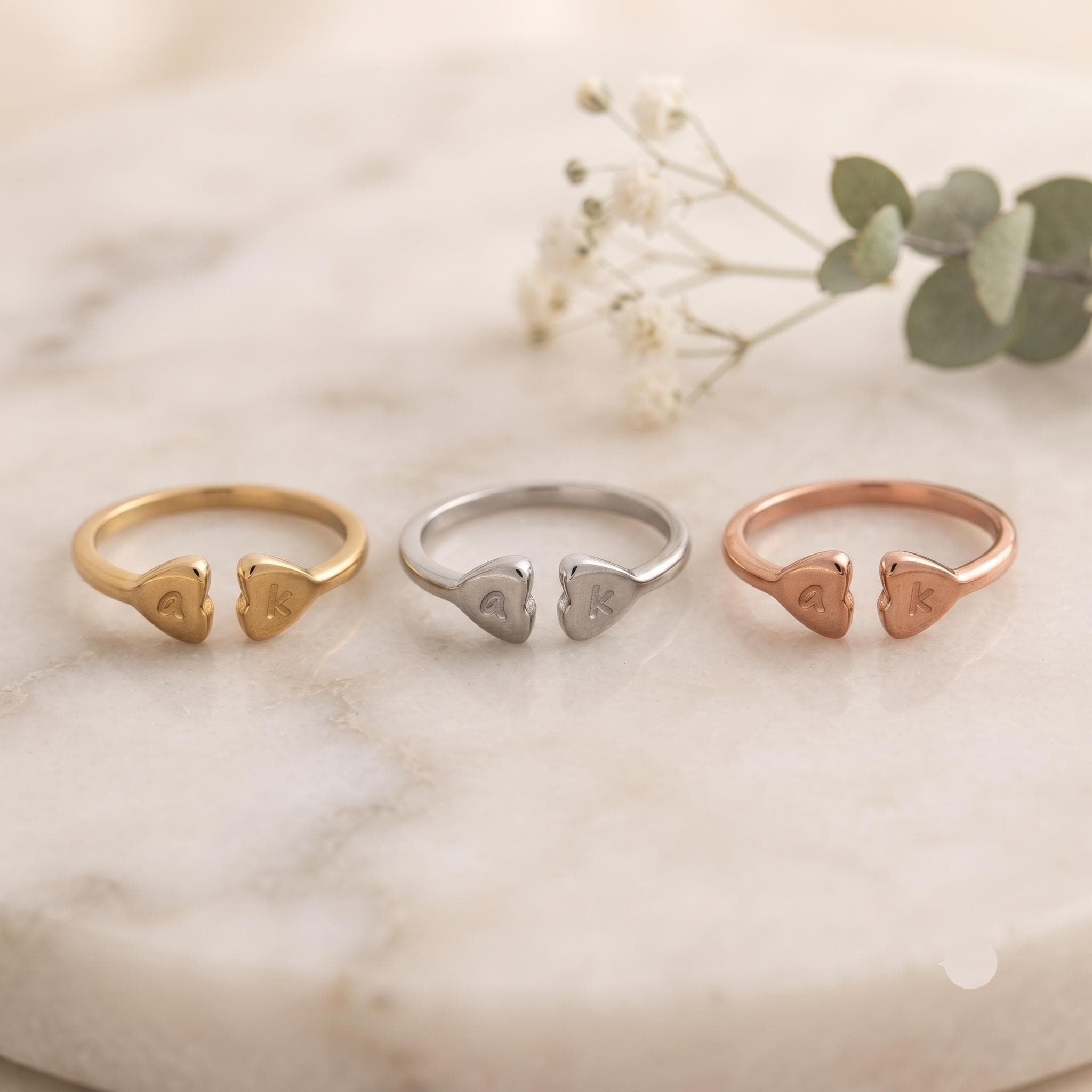 Personalized Two Initial Heart Ring, Custom Letter Couple Band, Anniversary Gift