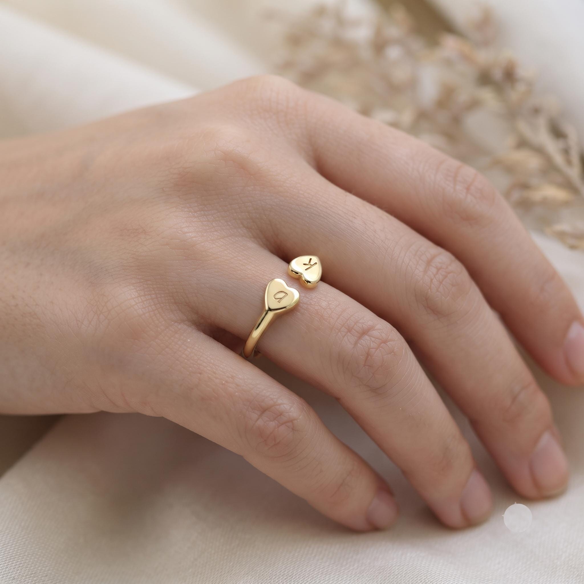 Personalized Two Initial Heart Ring, Custom Letter Couple Band, Anniversary Gift