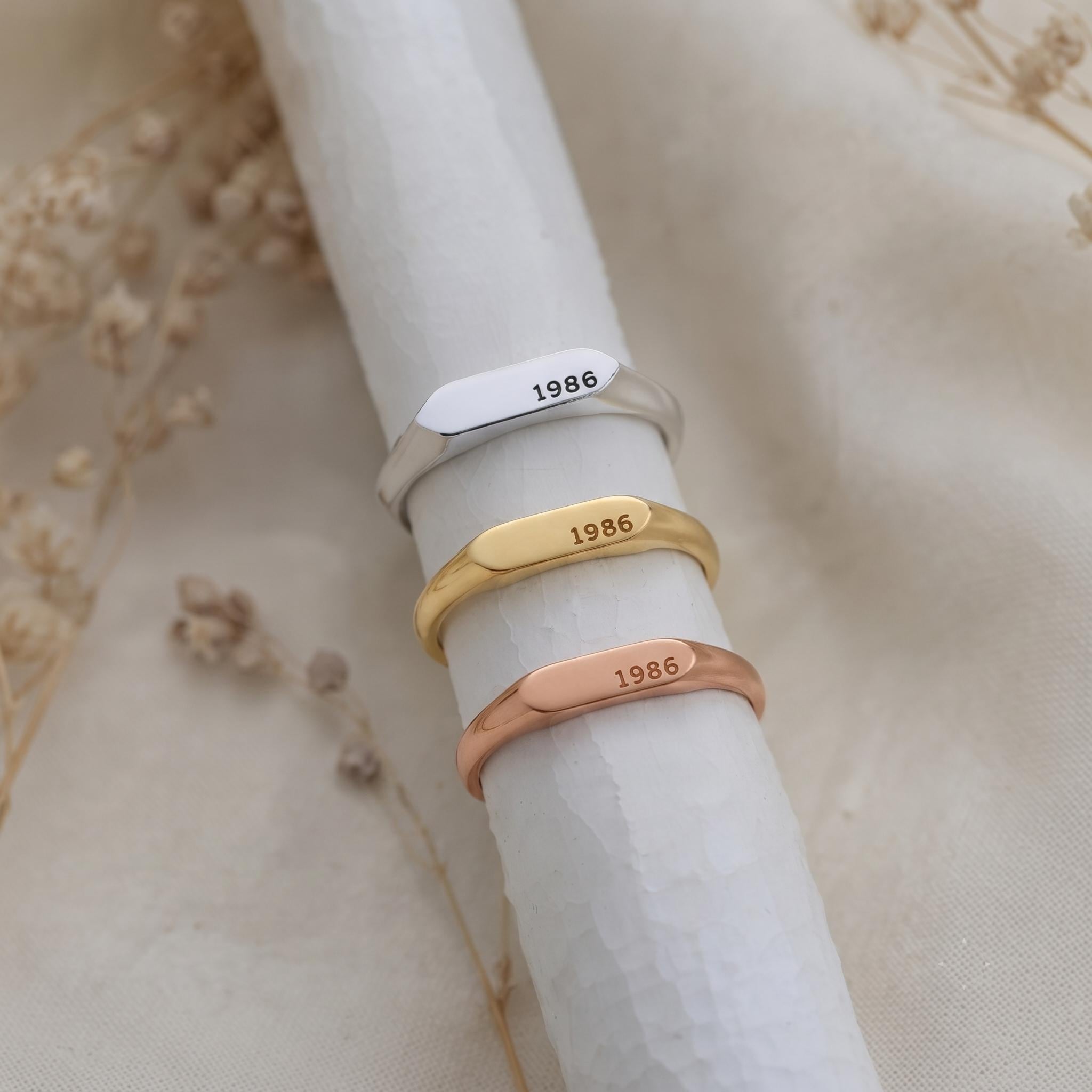 Custom Date Signet Ring, Minimalist Gold Stacking Band, Personalized Jewelry
