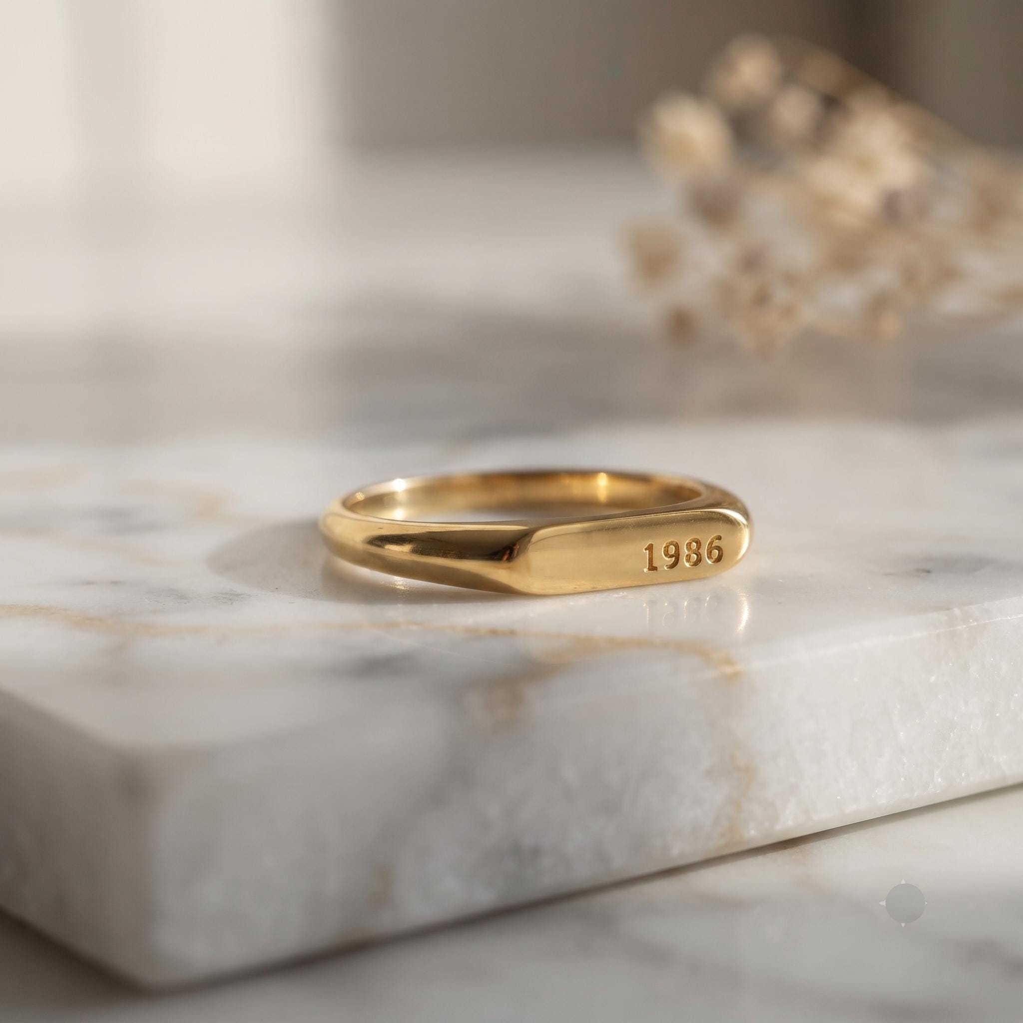 Custom Date Signet Ring, Minimalist Gold Stacking Band, Personalized Jewelry