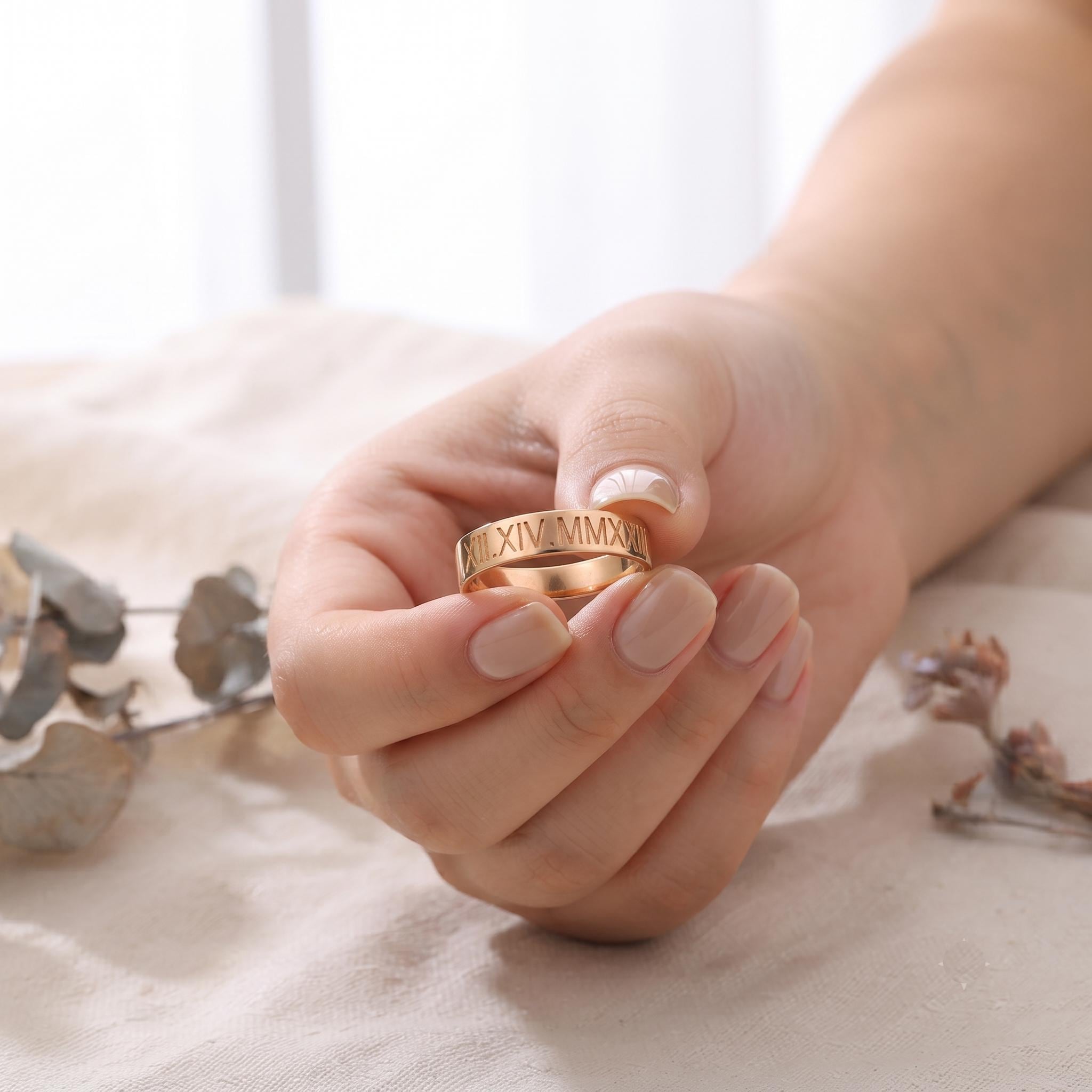 Custom Roman Numeral Ring, Personalized Gold Stacking Band, Minimalist Wedding Anniversary Gift
