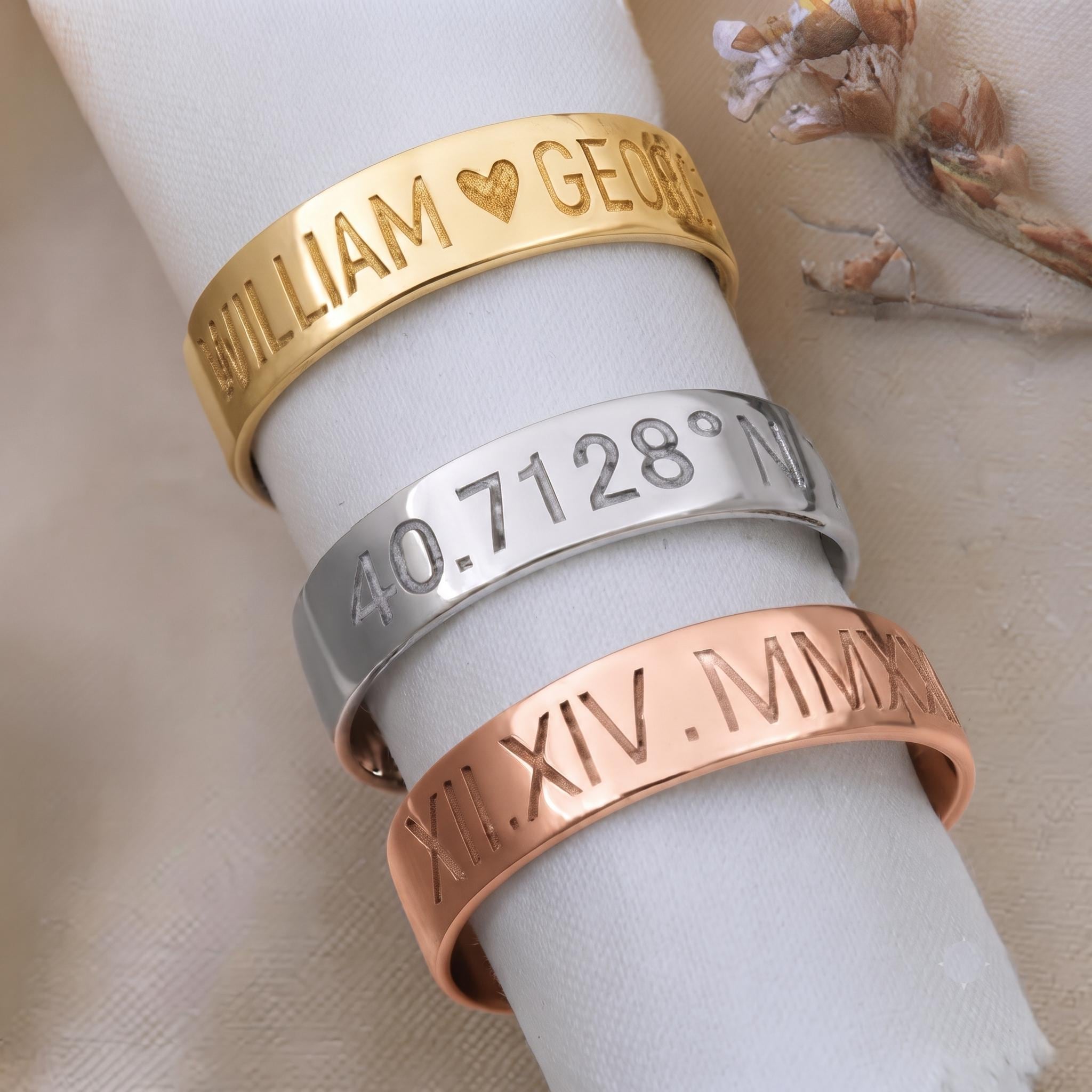 Custom Roman Numeral Ring, Personalized Gold Stacking Band, Minimalist Wedding Anniversary Gift