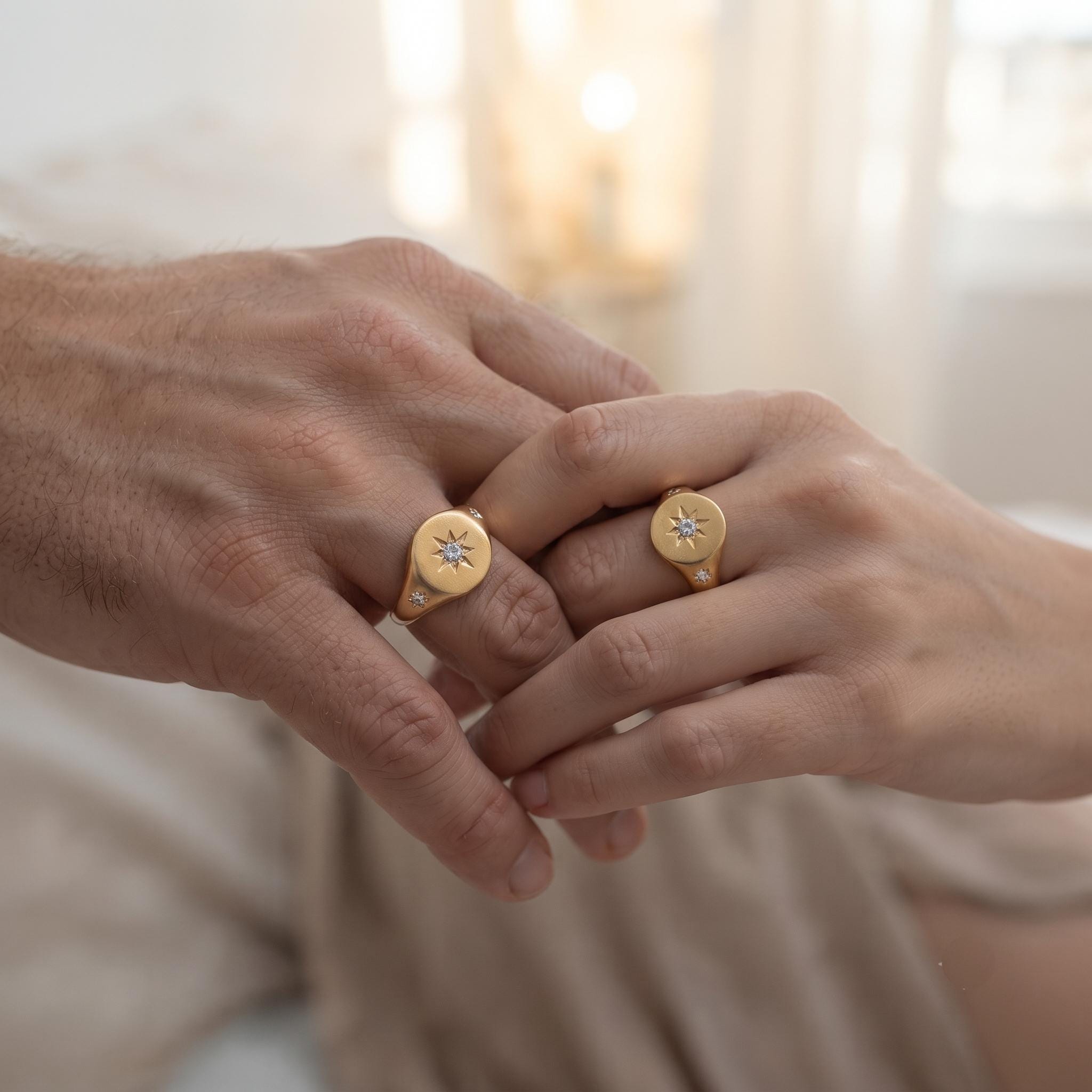 Gold North Star Signet Ring, Diamond Starburst Celestial Statement Ring