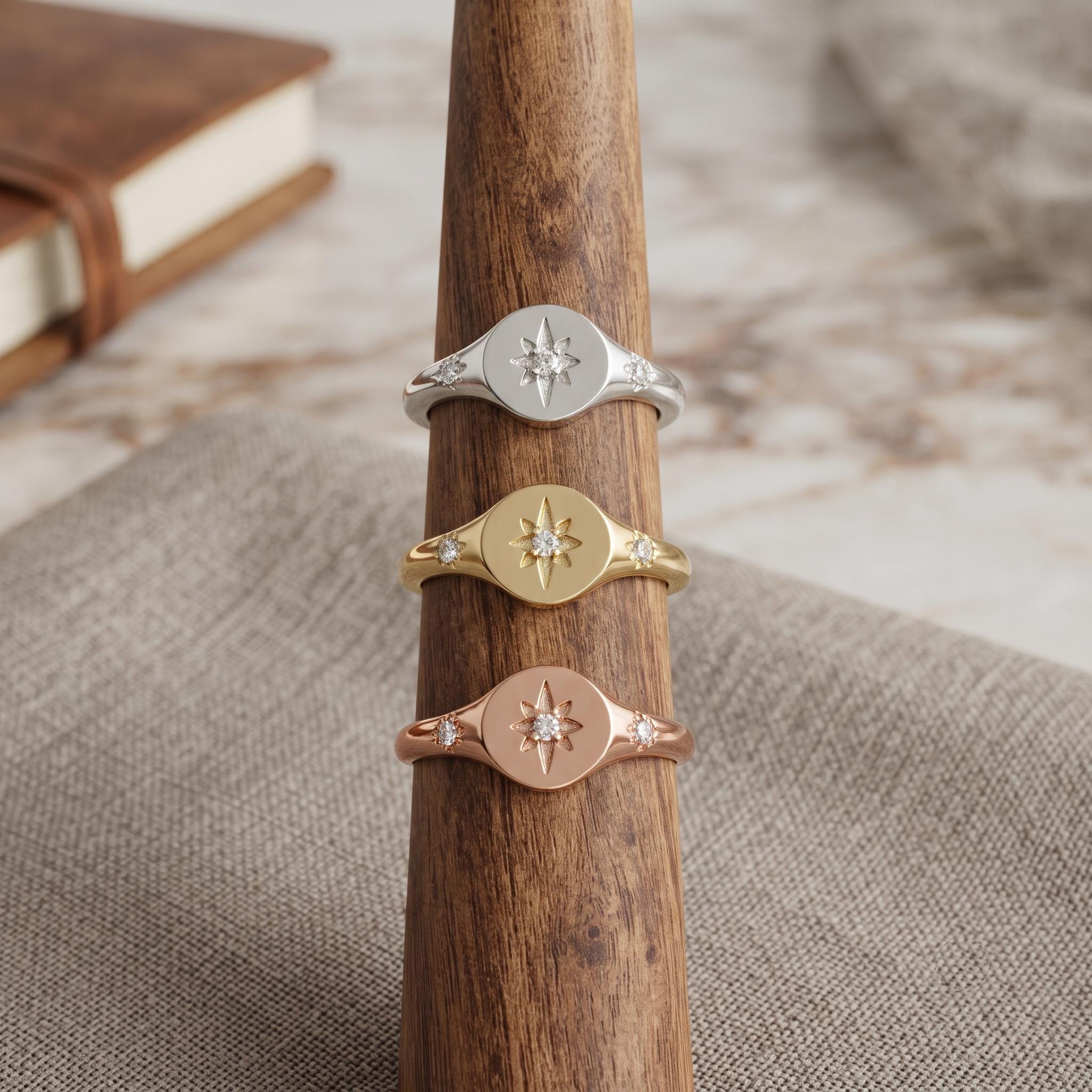 Gold North Star Signet Ring, Diamond Starburst Celestial Statement Ring