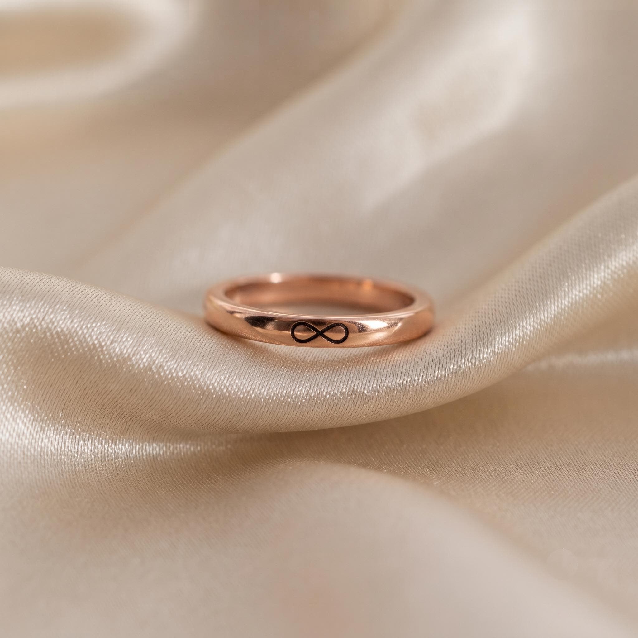 Rose Gold Infinity Ring, Dainty Stacking Band, Engraved Promise Jewelry
