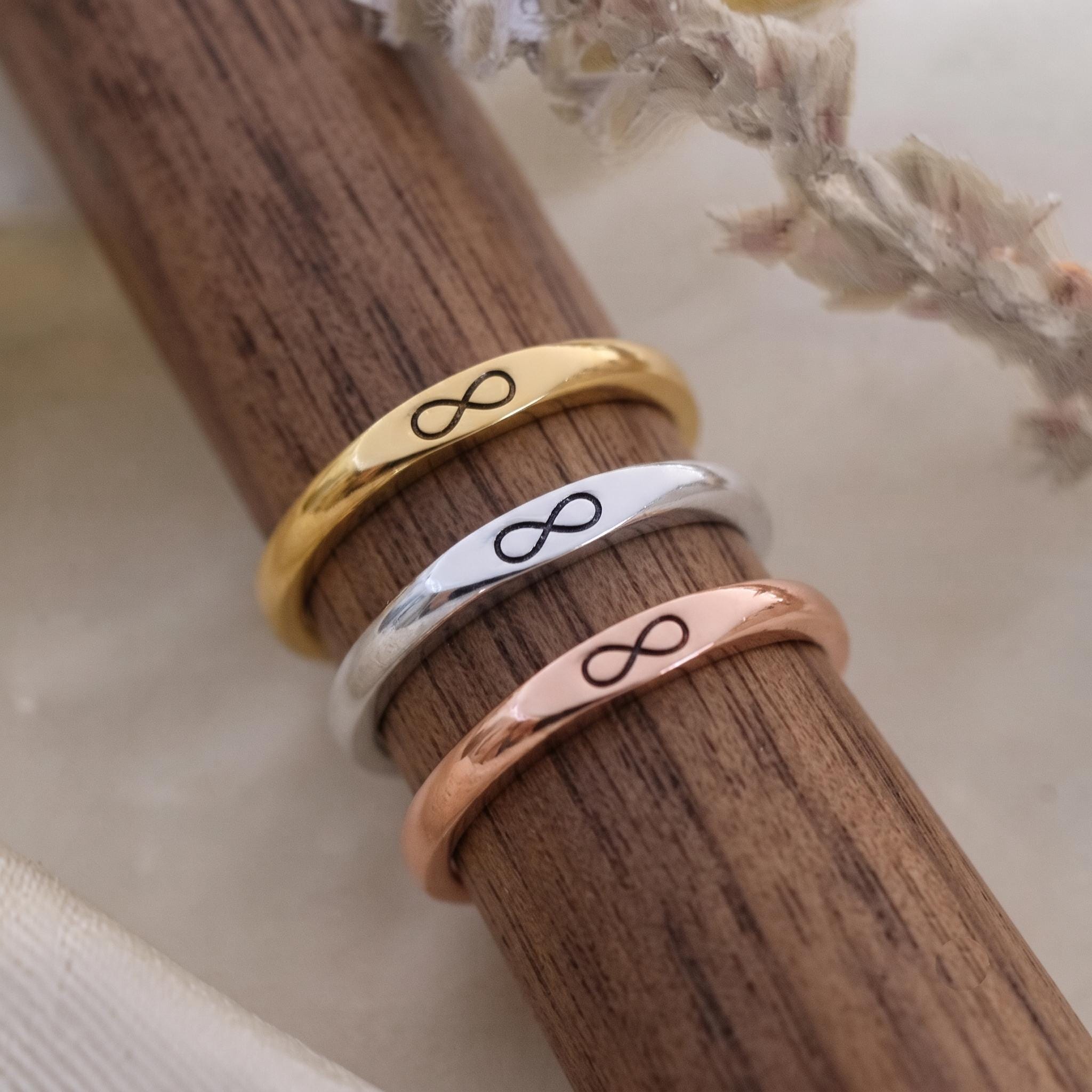Rose Gold Infinity Ring, Dainty Stacking Band, Engraved Promise Jewelry