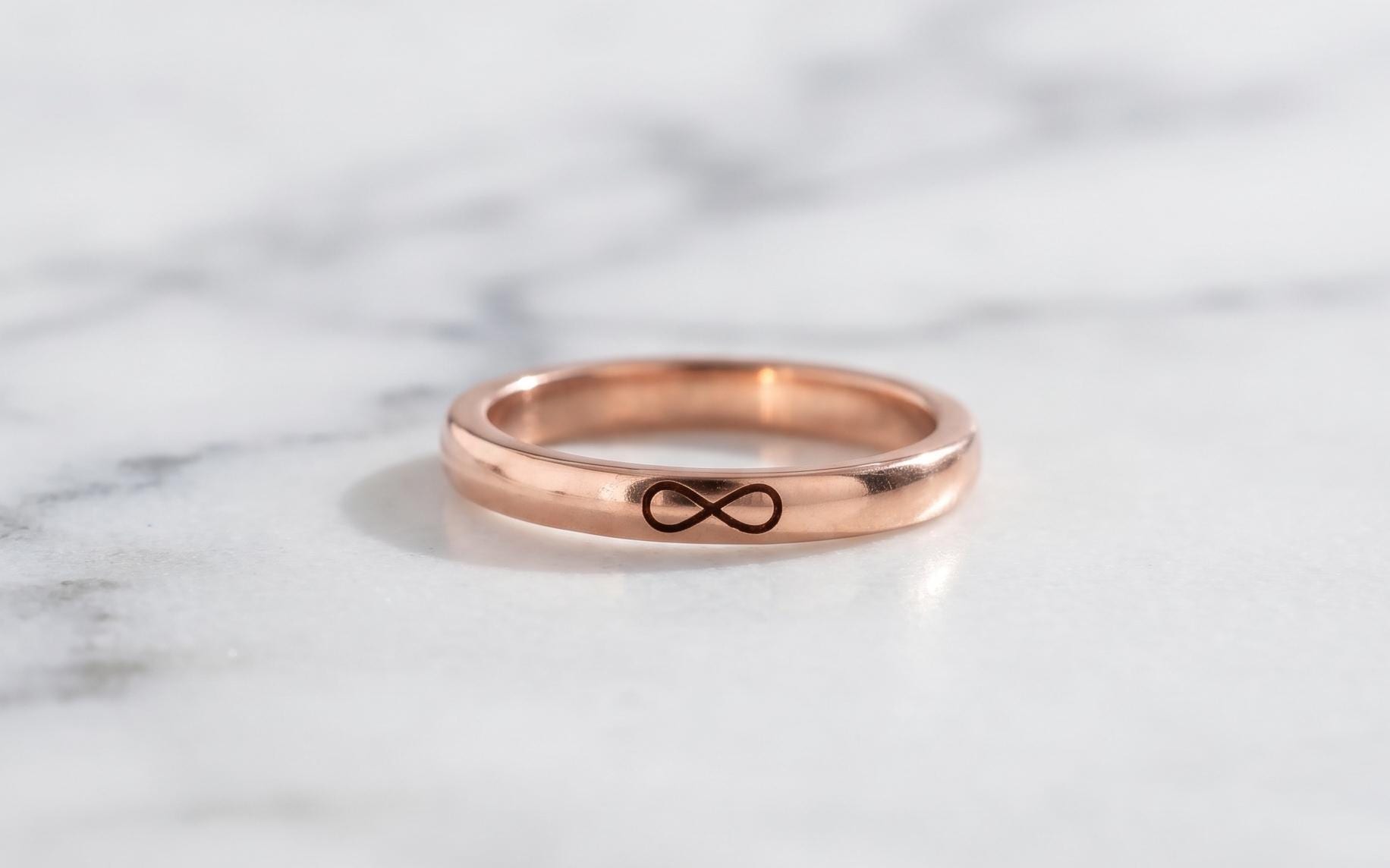 Rose Gold Infinity Ring, Dainty Stacking Band, Engraved Promise Jewelry