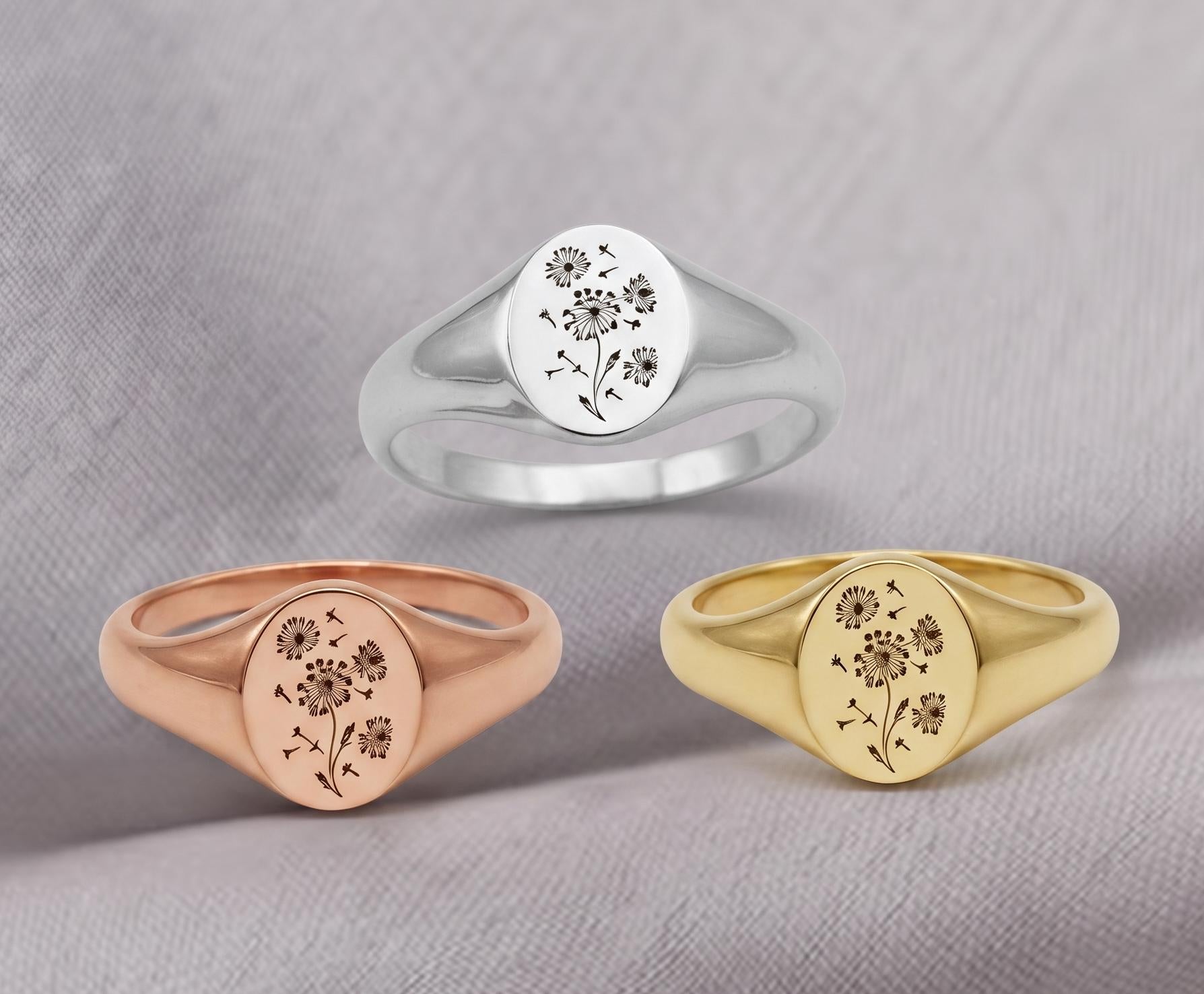 Gold Floral Signet Ring | Dainty Wildflower Botanical Engraving | Minimalist Nature Jewelry