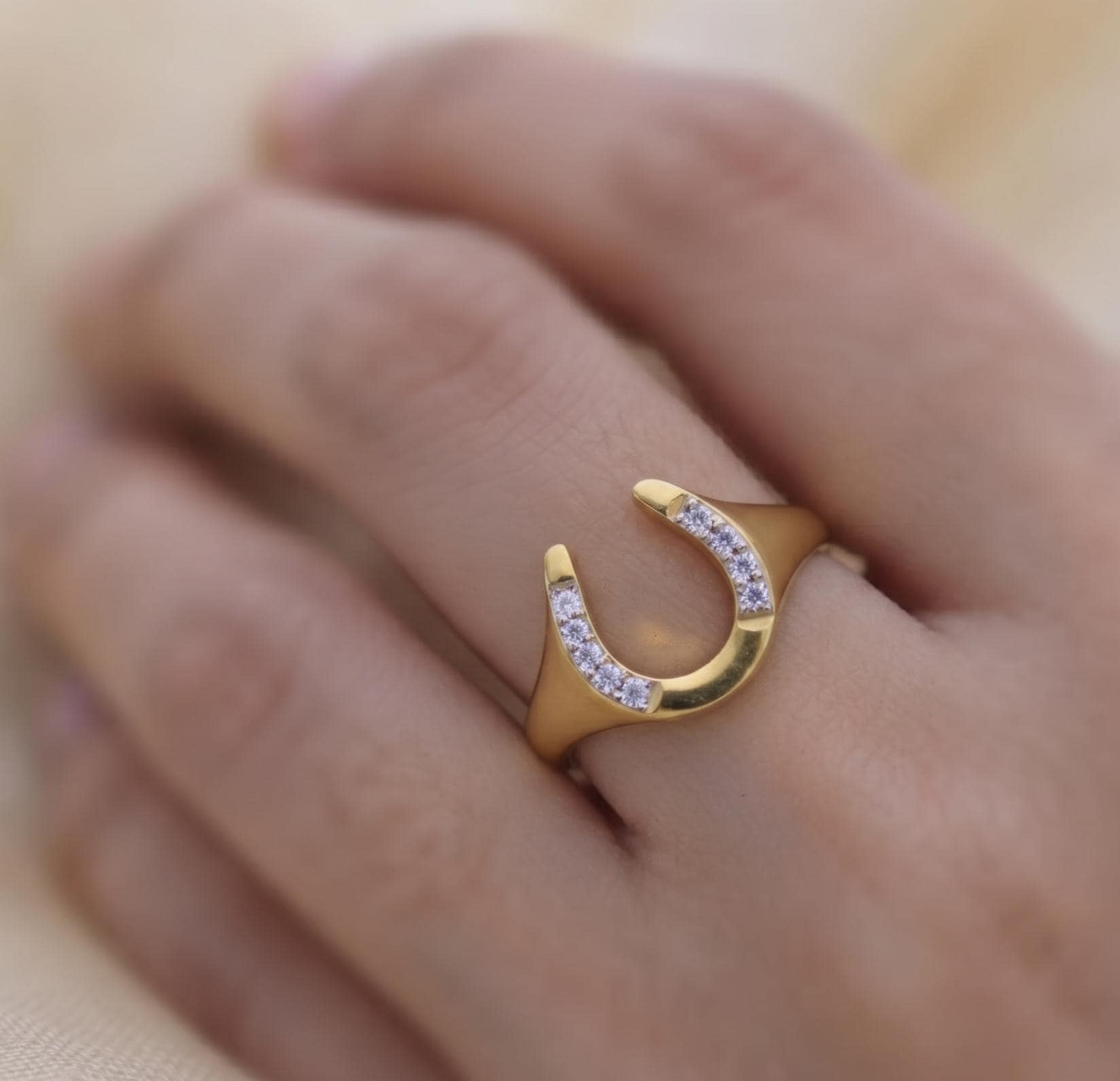 Gold Horseshoe Ring, Tiny Sparkling Stones, Minimalist Lucky Charm Band