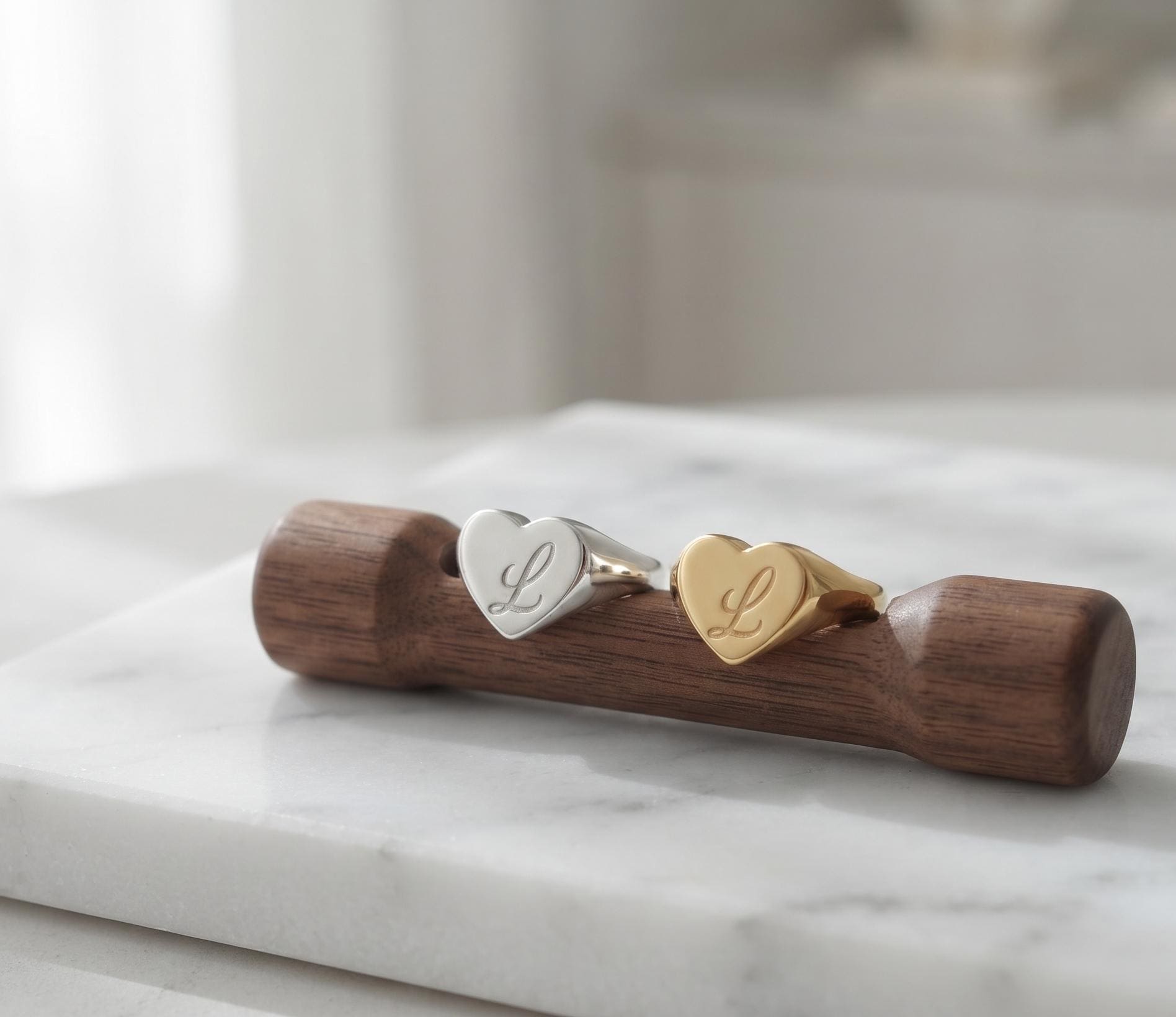 Personalized Heart Initial Signet Ring, Gold Silver Monogram Jewelry