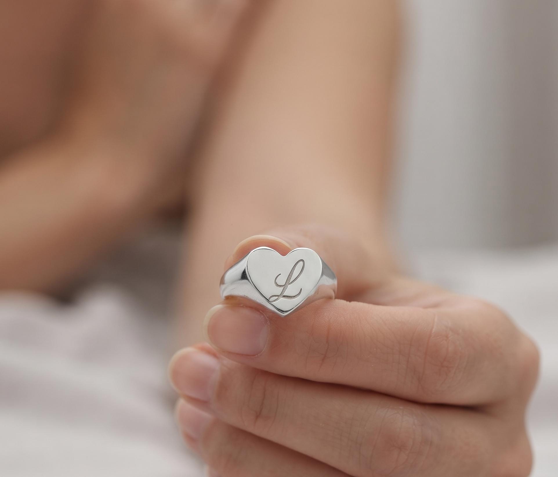 Personalized Heart Initial Signet Ring, Gold Silver Monogram Jewelry