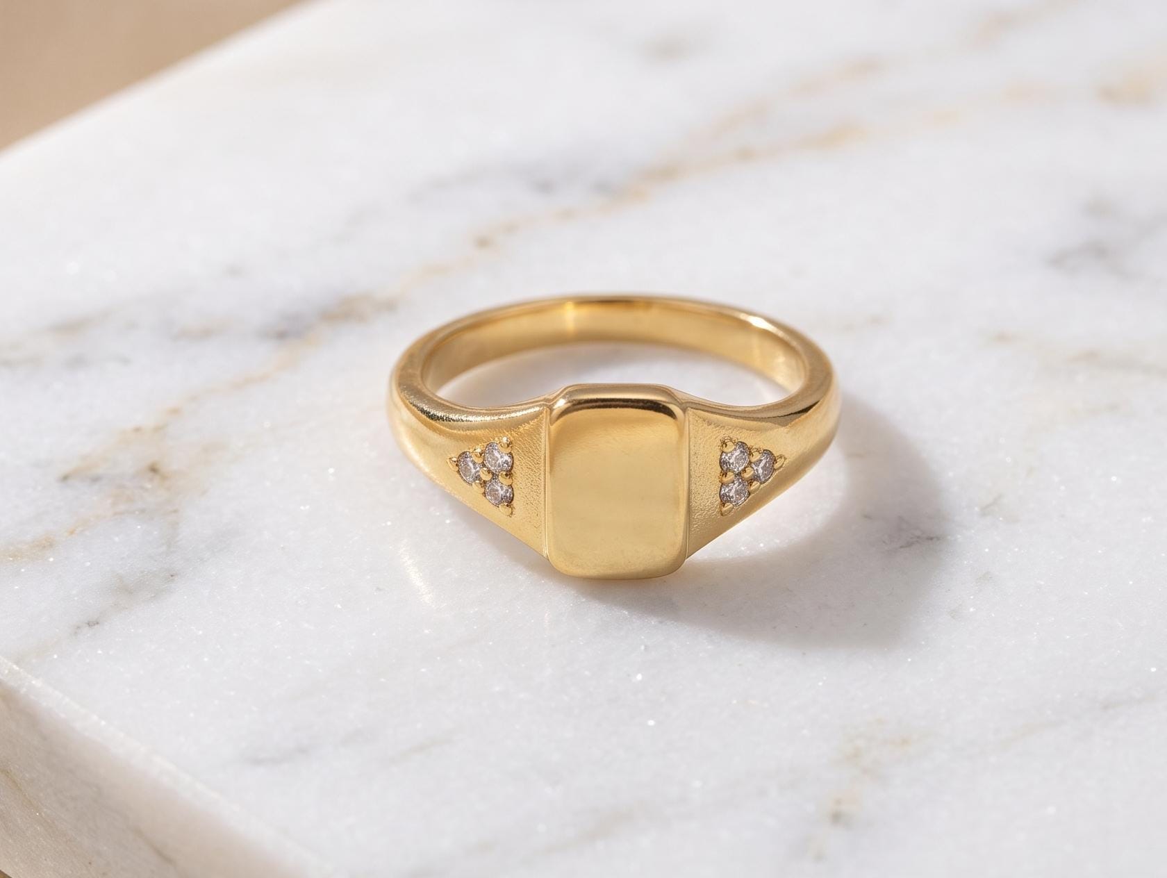 Solid Gold Diamond Signet Ring, Minimalist Pinky Ring, Personalized Engraving Available