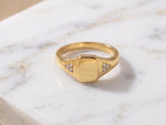 Solid Gold Diamond Signet Ring, Minimalist Pinky Ring, Personalized Engraving Available