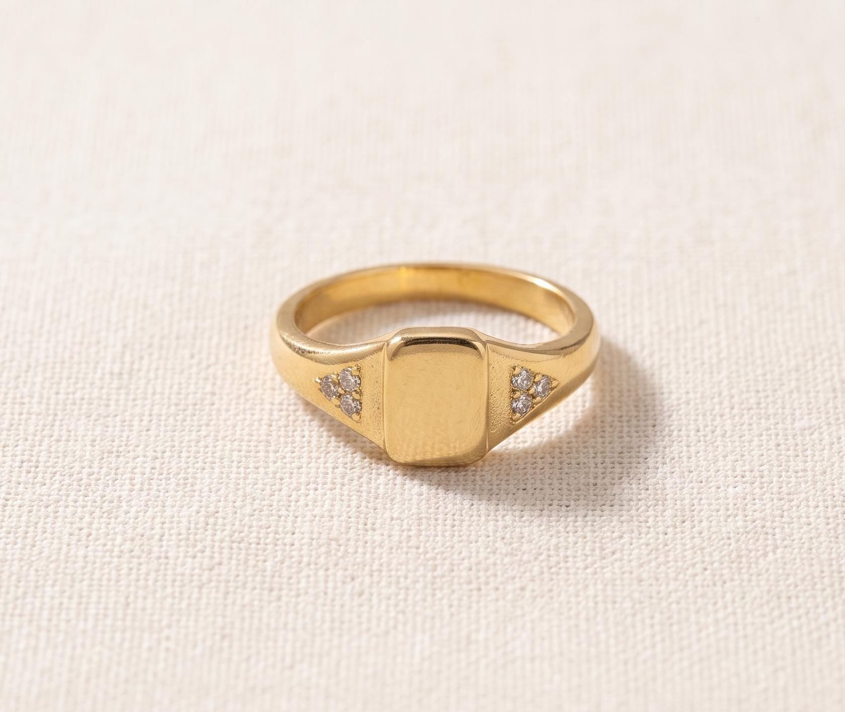 Solid Gold Diamond Signet Ring, Minimalist Pinky Ring, Personalized Engraving Available