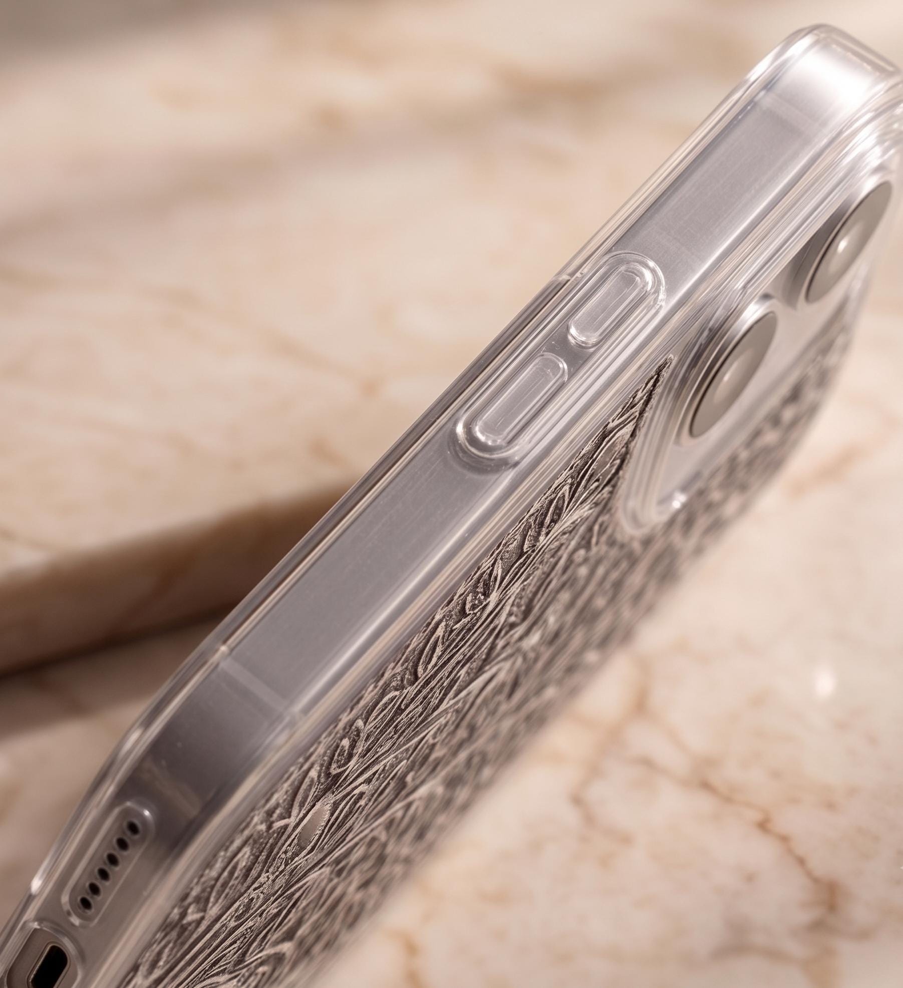Engraved Floral Silver Metal iPhone Case | Transparent Protective Cover