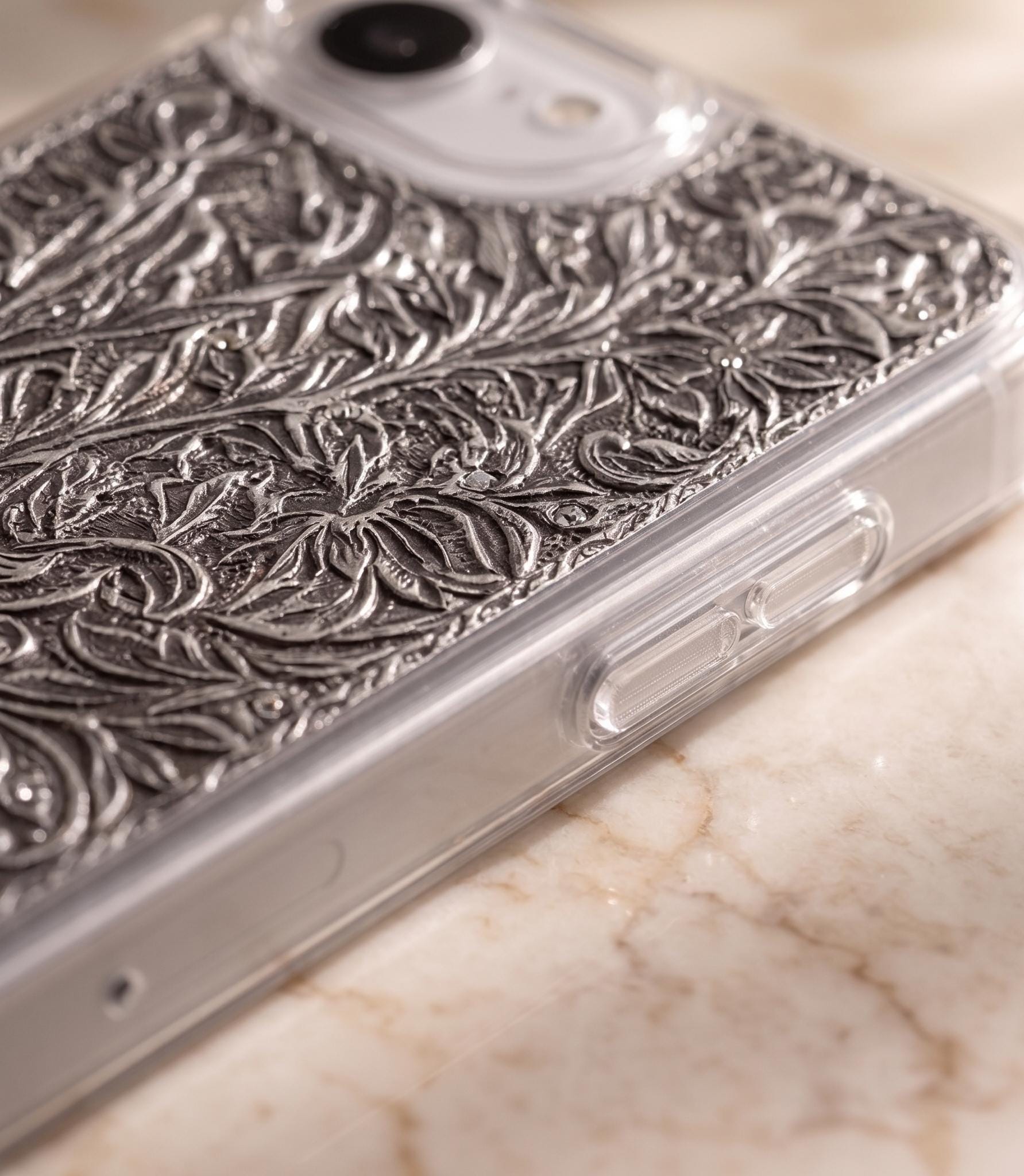 Engraved Floral Silver Metal iPhone Case | Transparent Protective Cover