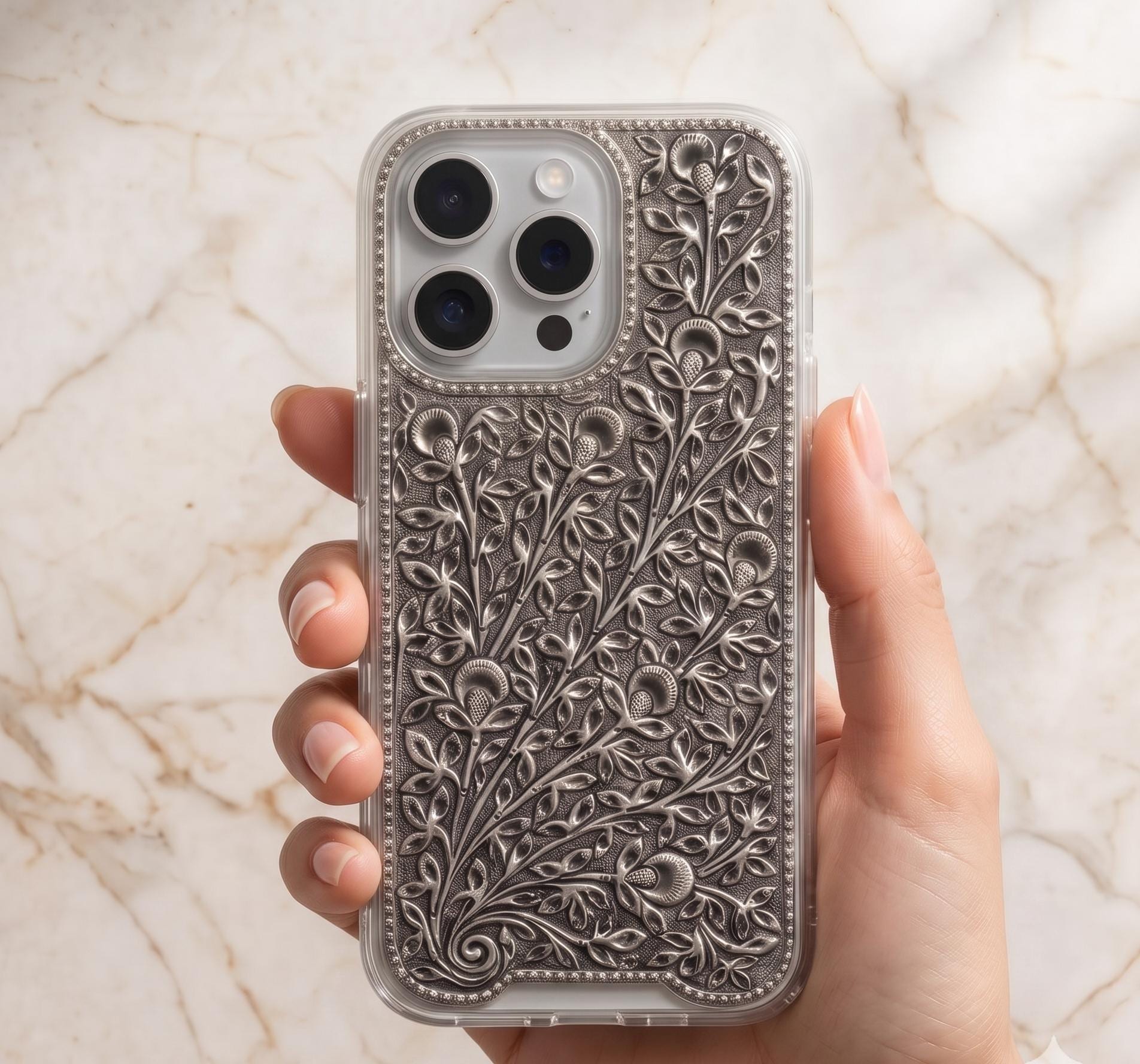 Engraved Floral Silver Metal iPhone Case | Transparent Protective Cover