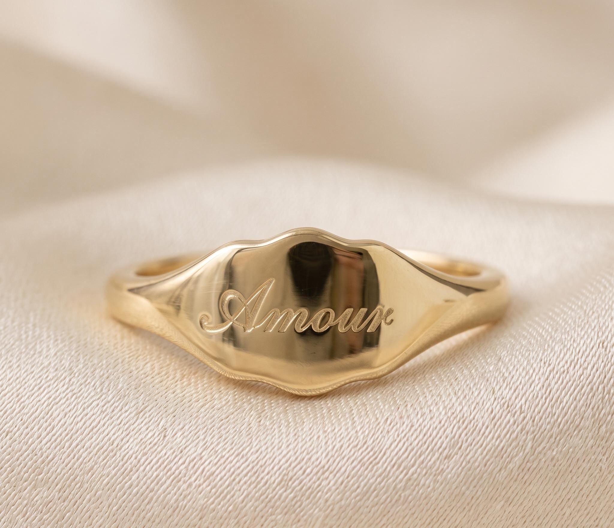 Custom Engraved Gold Signet Ring, Amour Script Dainty Personalized Jewelry
