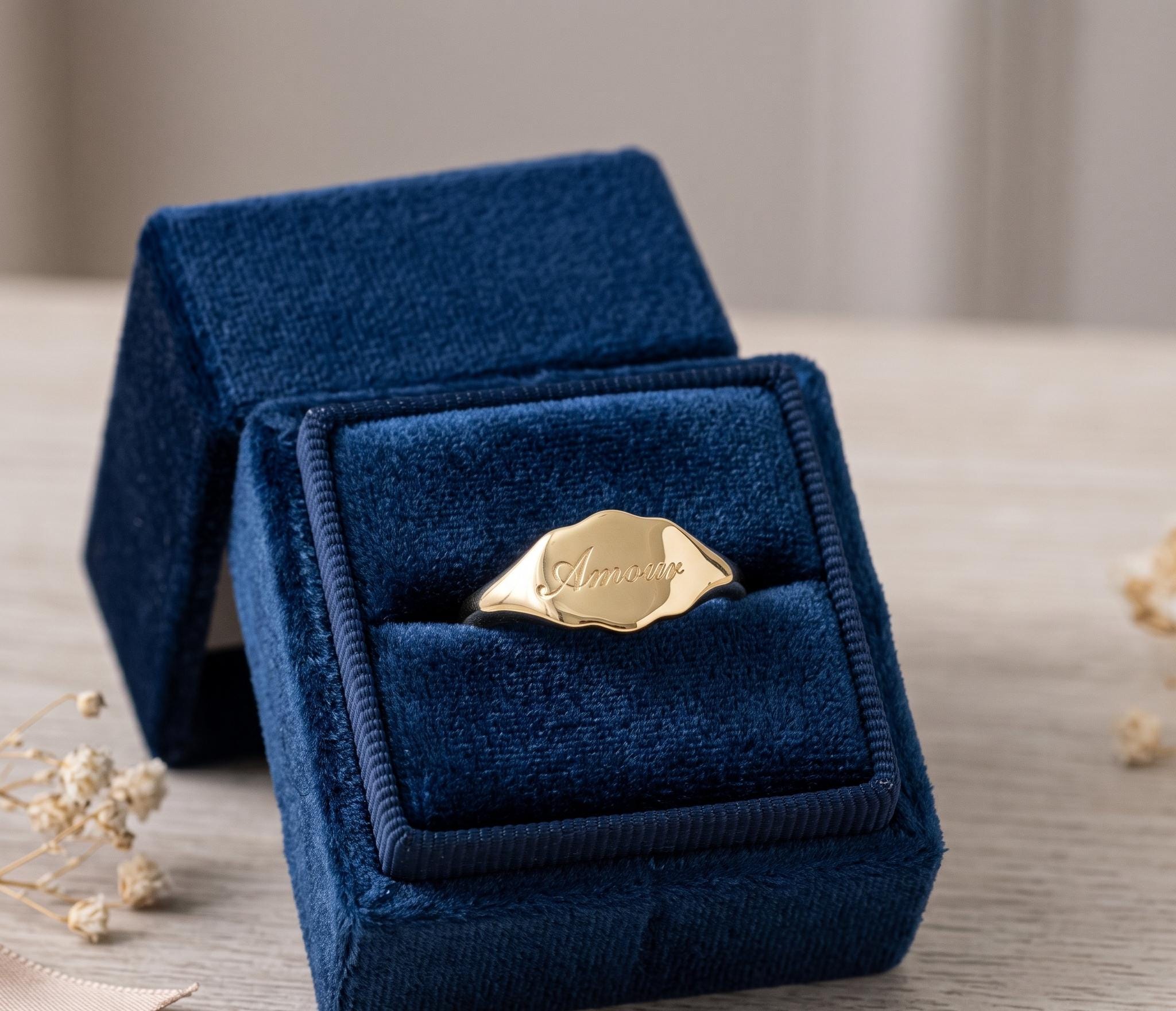 Custom Engraved Gold Signet Ring, Amour Script Dainty Personalized Jewelry