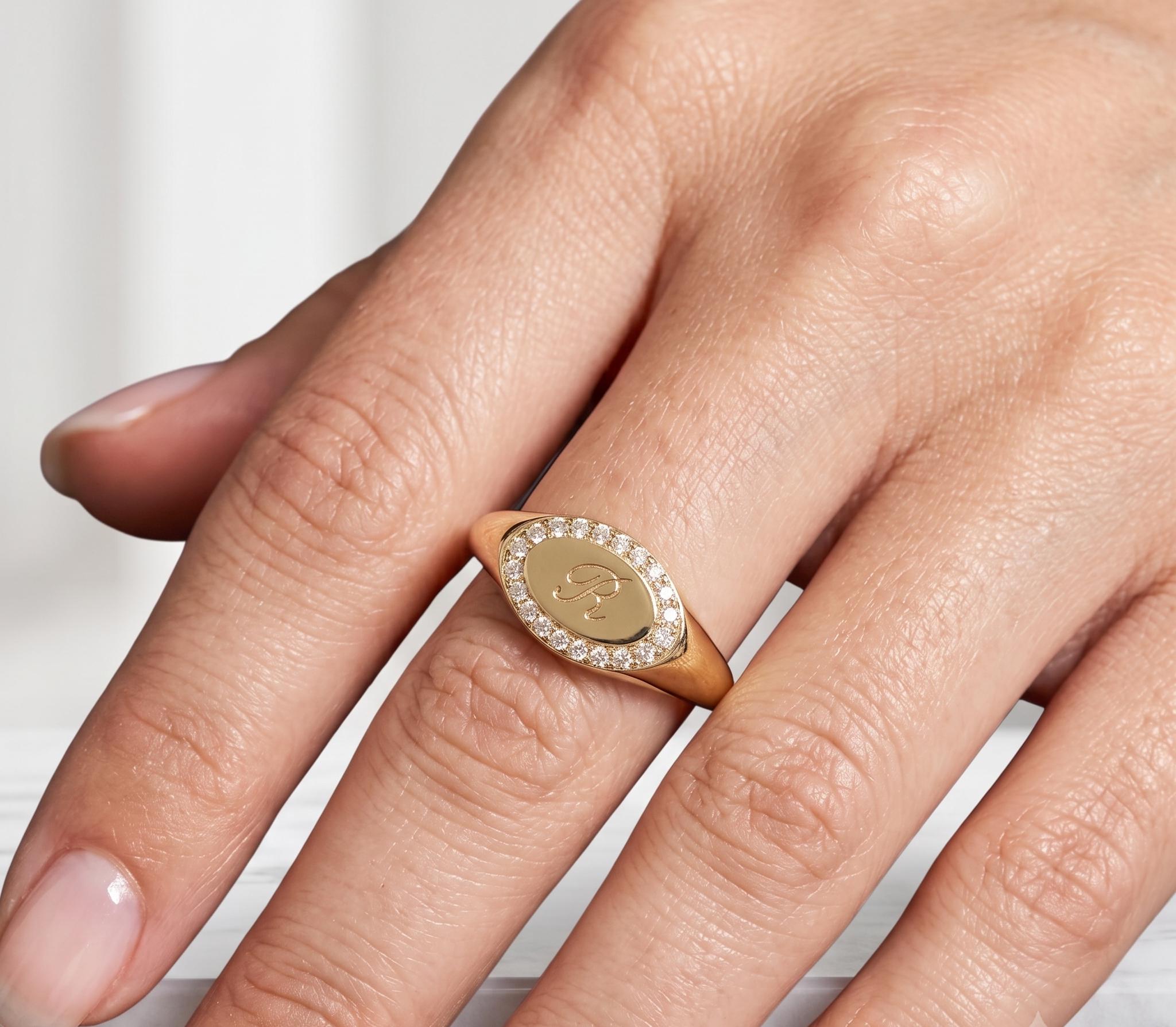 14k Solid Gold Pave Diamond Oval Signet Ring, Personalized Initial Monogram Statement