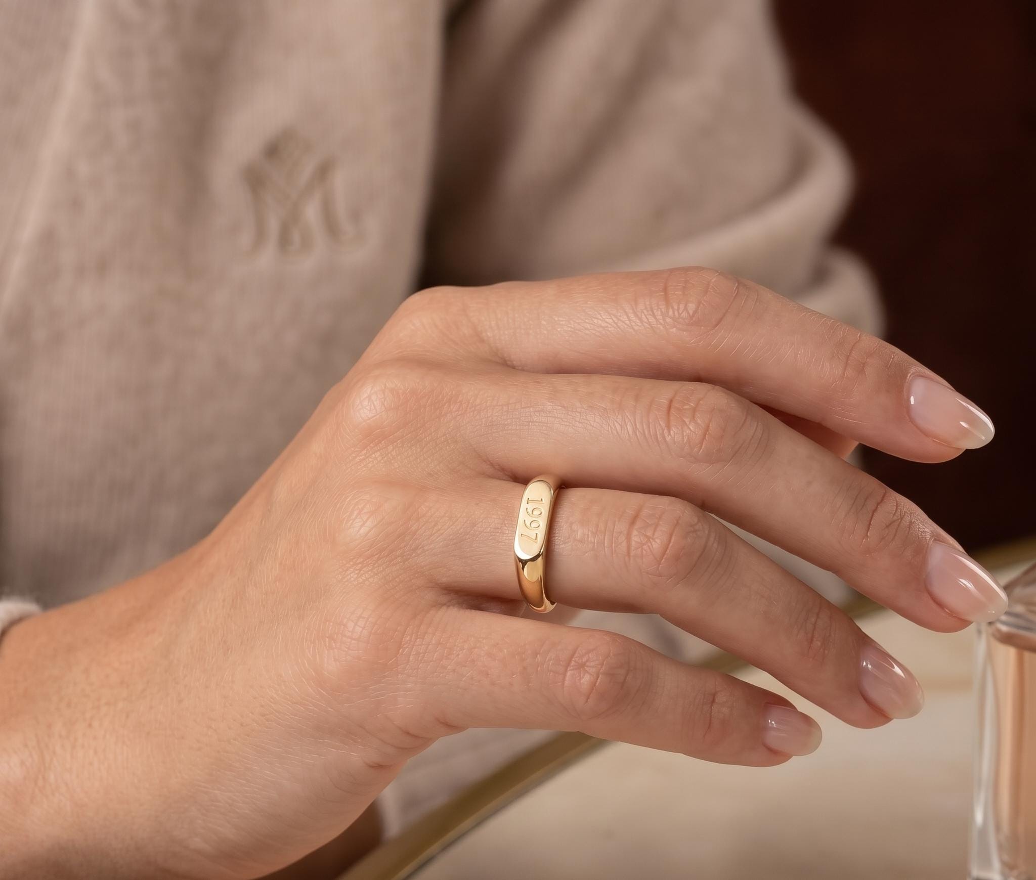 Personalized Engraved Gold Band Ring, Minimalist Anniversary Birth Year