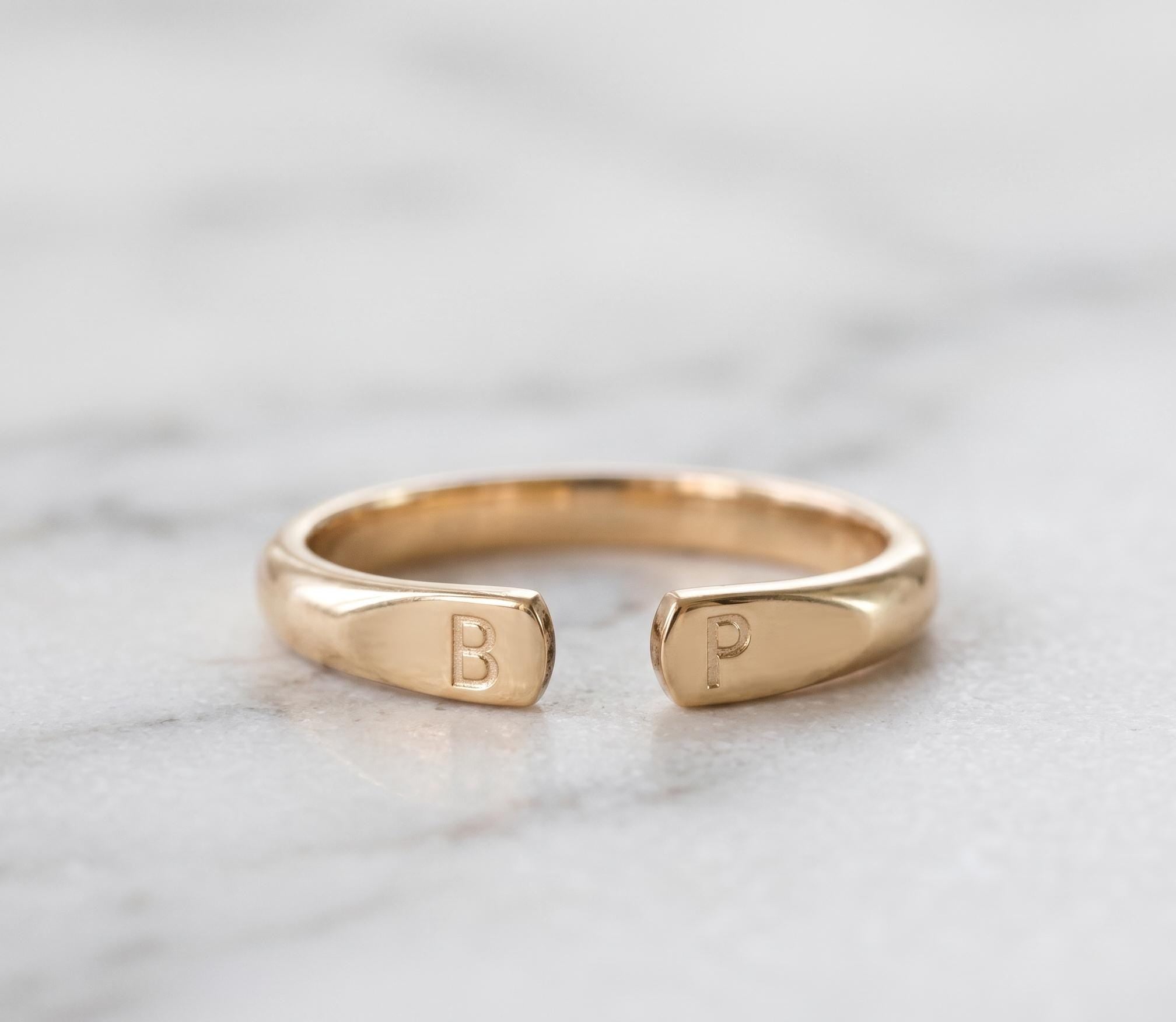 Personalized Open Initial Gold Ring, Custom Engraved Couple Band, Minimalist Keepsake