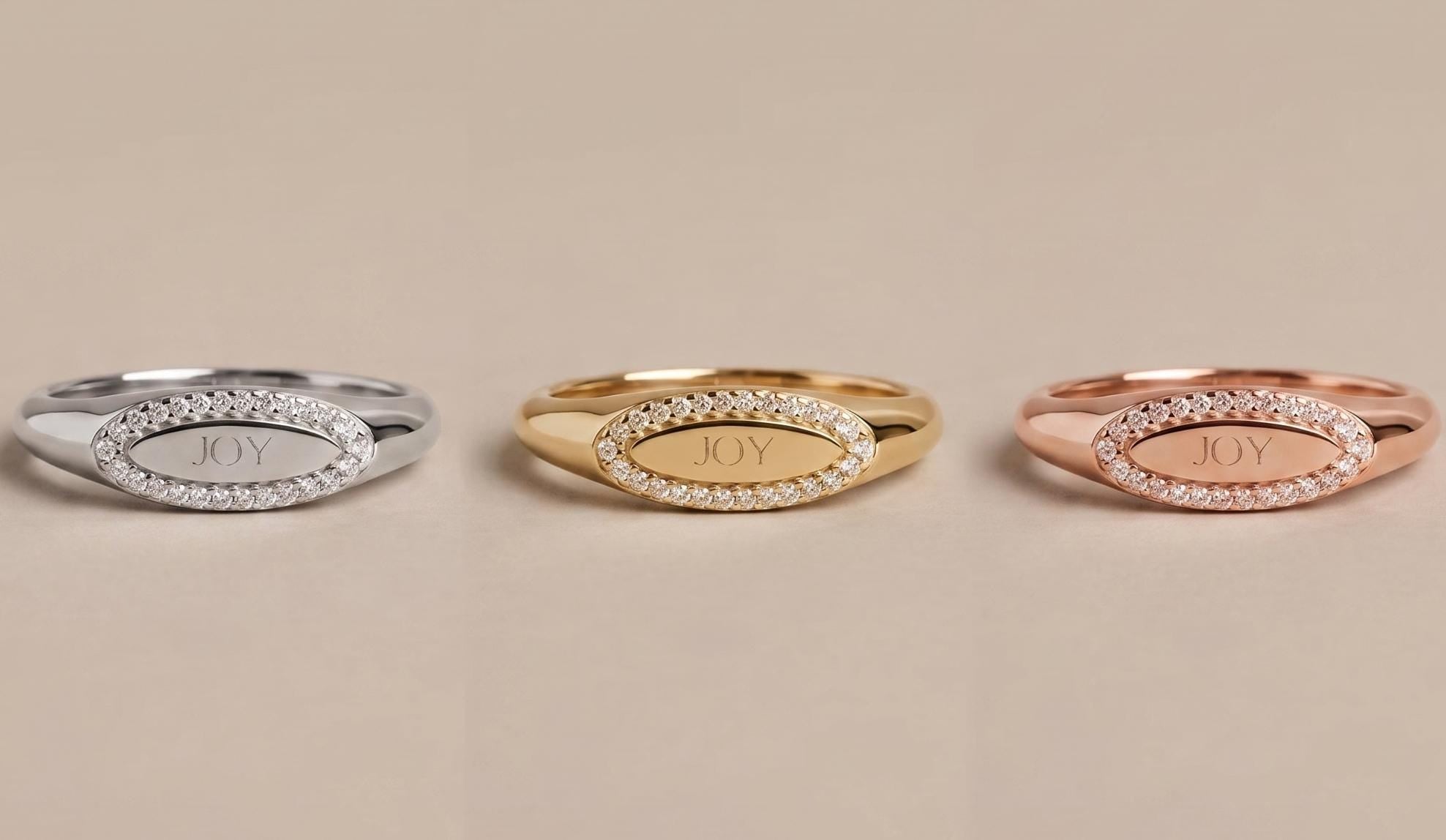 Personalized Oval Signet Ring, Custom Engraved Gold Halo Ring