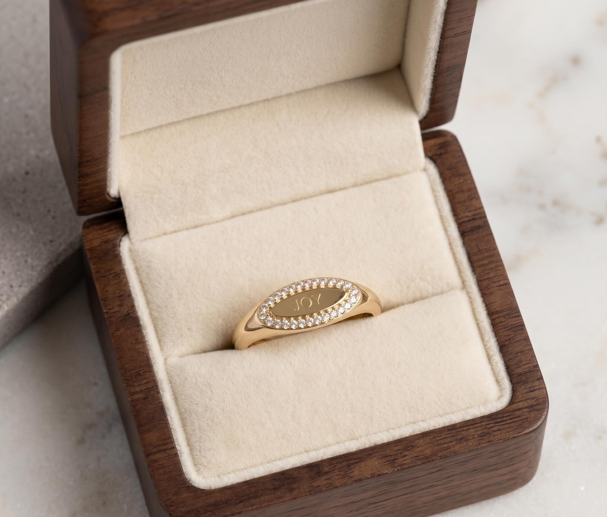 Personalized Oval Signet Ring, Custom Engraved Gold Halo Ring
