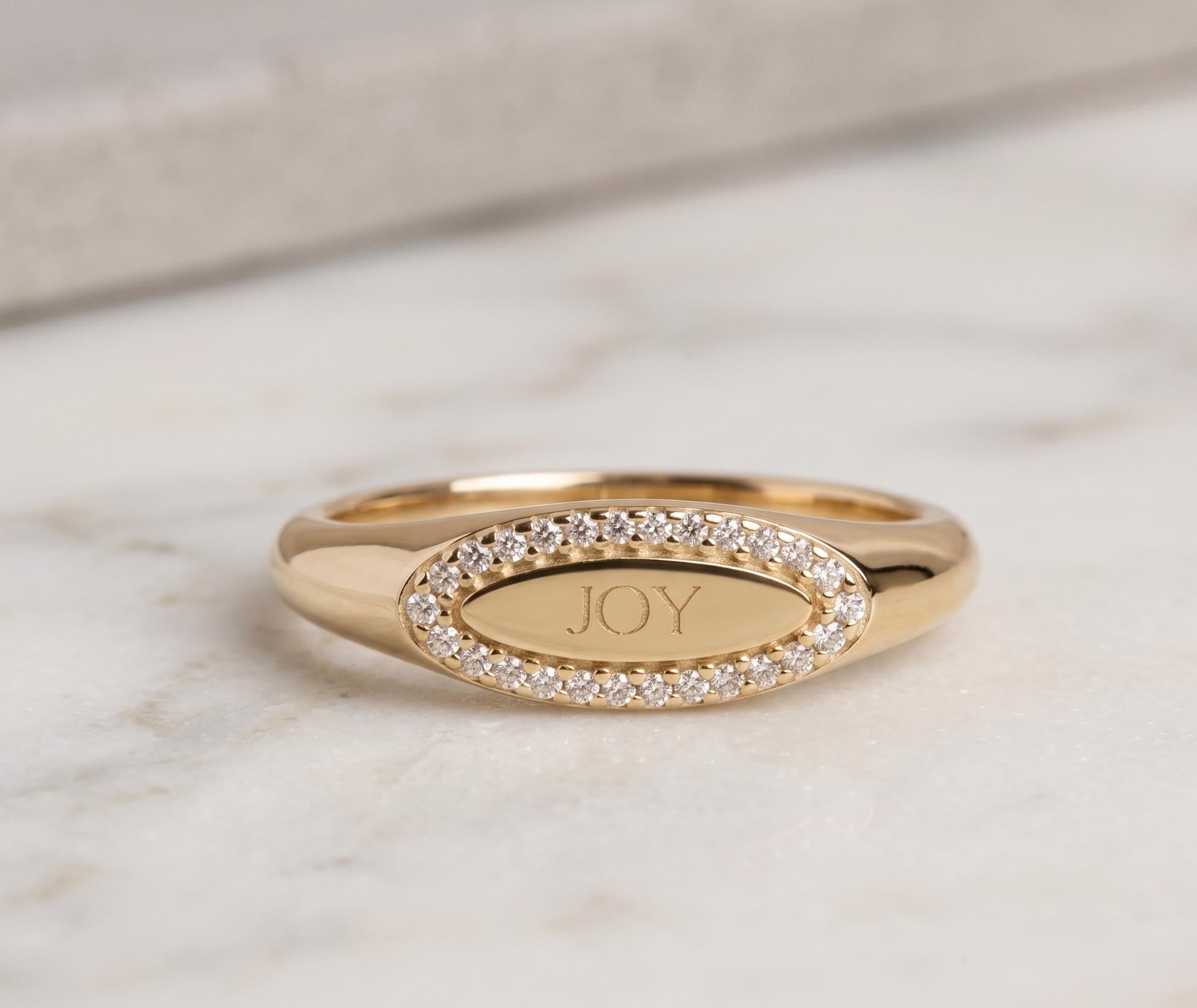 Personalized Oval Signet Ring, Custom Engraved Gold Halo Ring