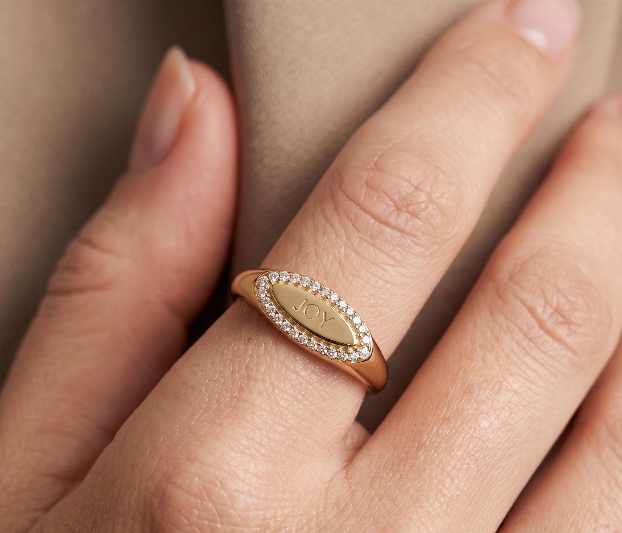 Personalized Oval Signet Ring, Custom Engraved Gold Halo Ring