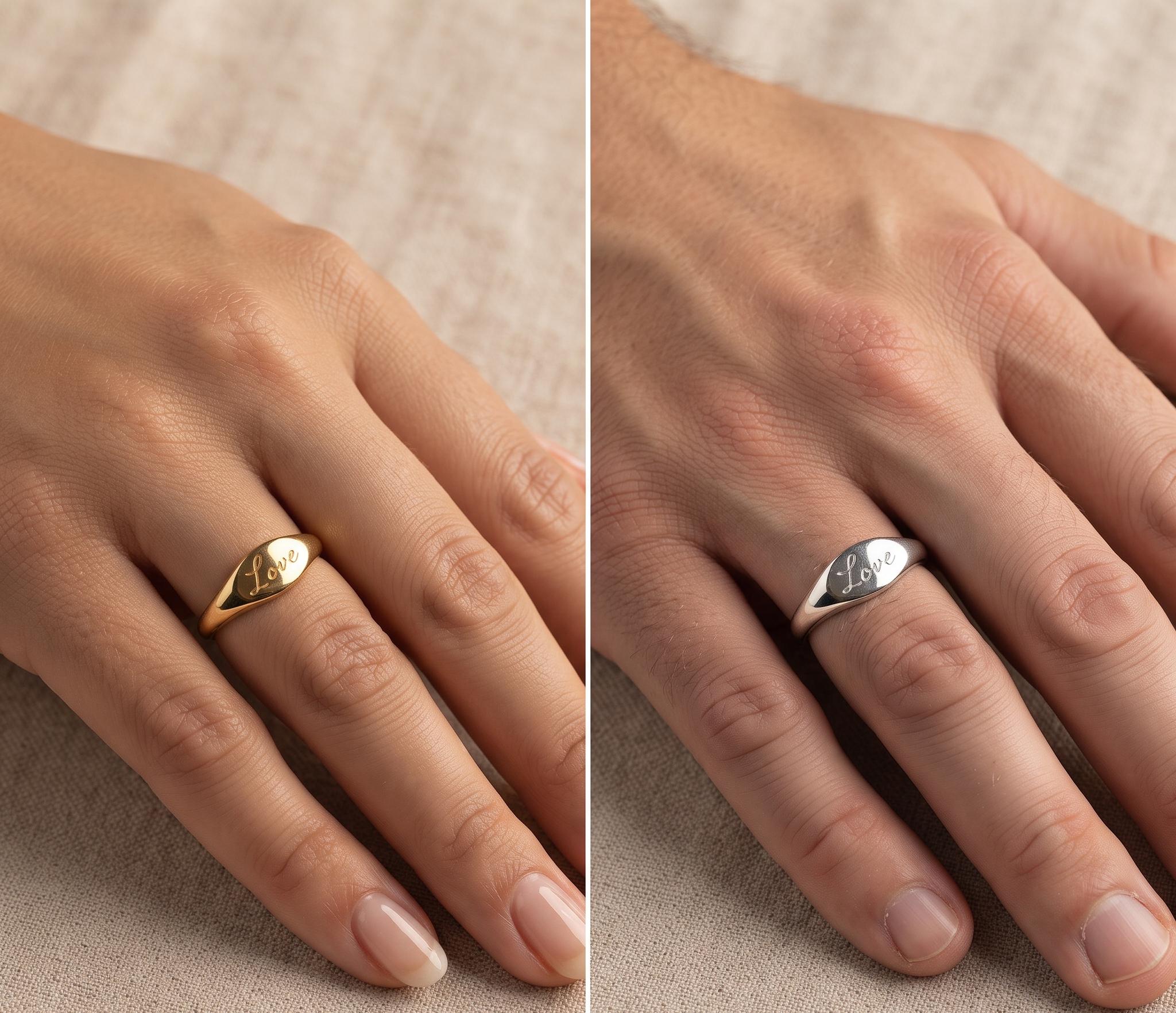 Personalized Love Signet Ring, Solid Gold Marquise Face, Minimalist Promise Ring