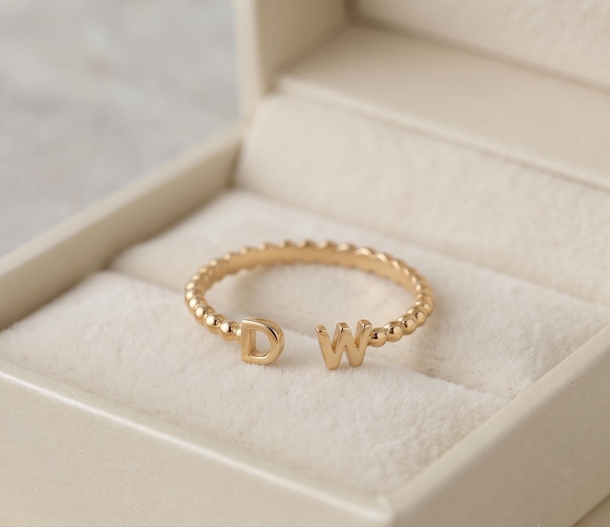 Personalized Beaded Gold Initial Open Ring, Custom Two Letter Stackable Jewelry