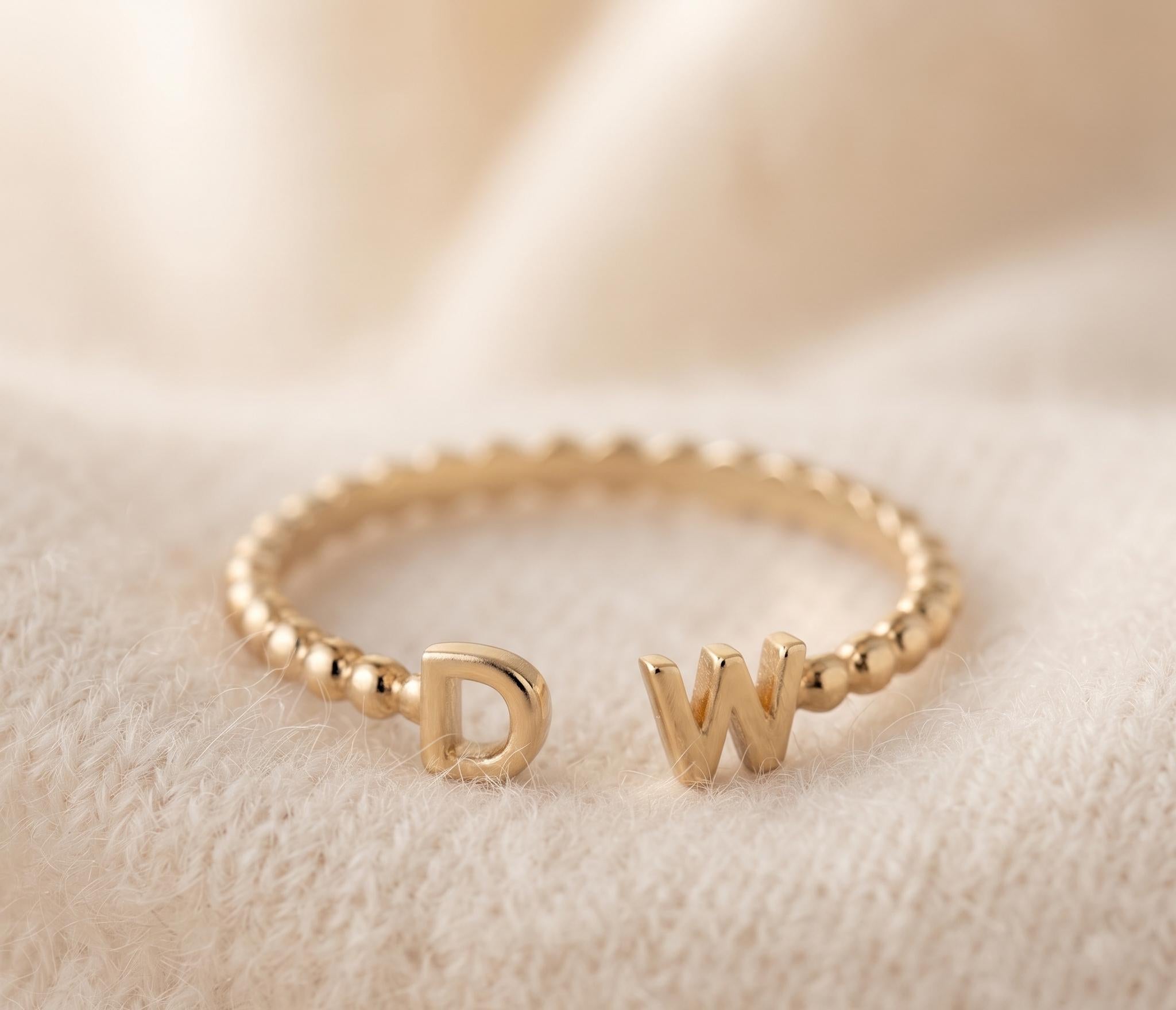 Personalized Beaded Gold Initial Open Ring, Custom Two Letter Stackable Jewelry