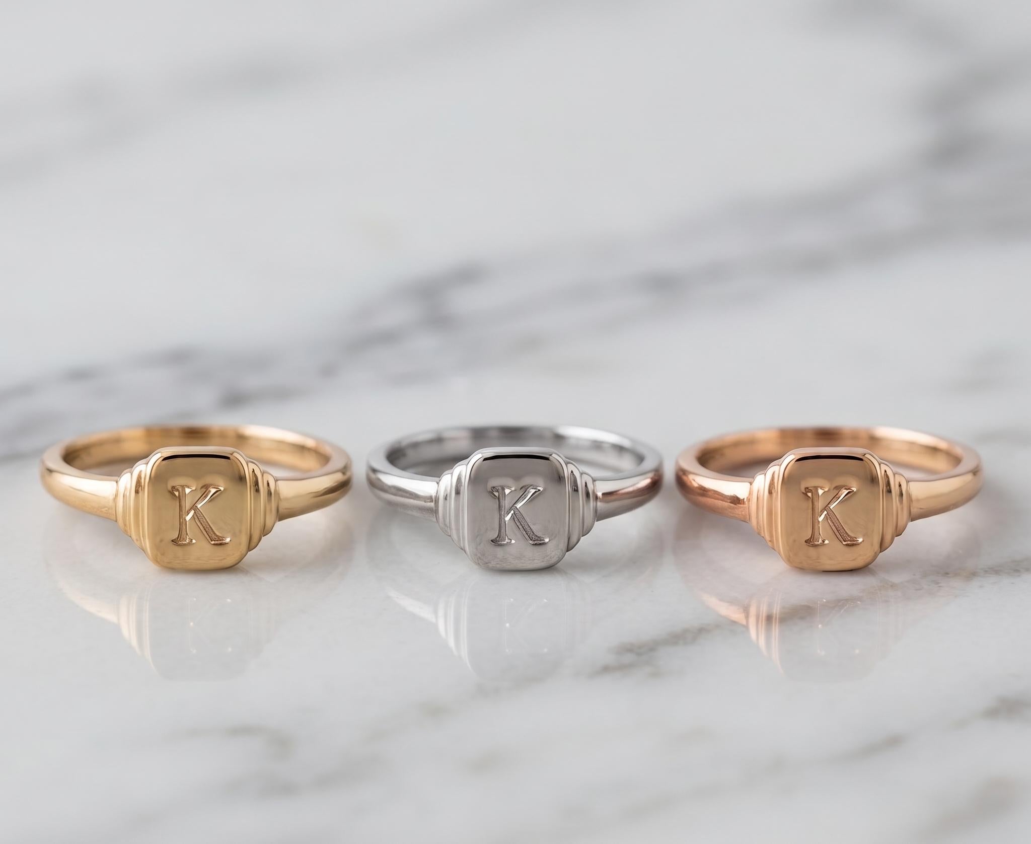 Personalized Initial Signet Ring, Solid Gold Pinky Ring, Engraved Letter Jewelry