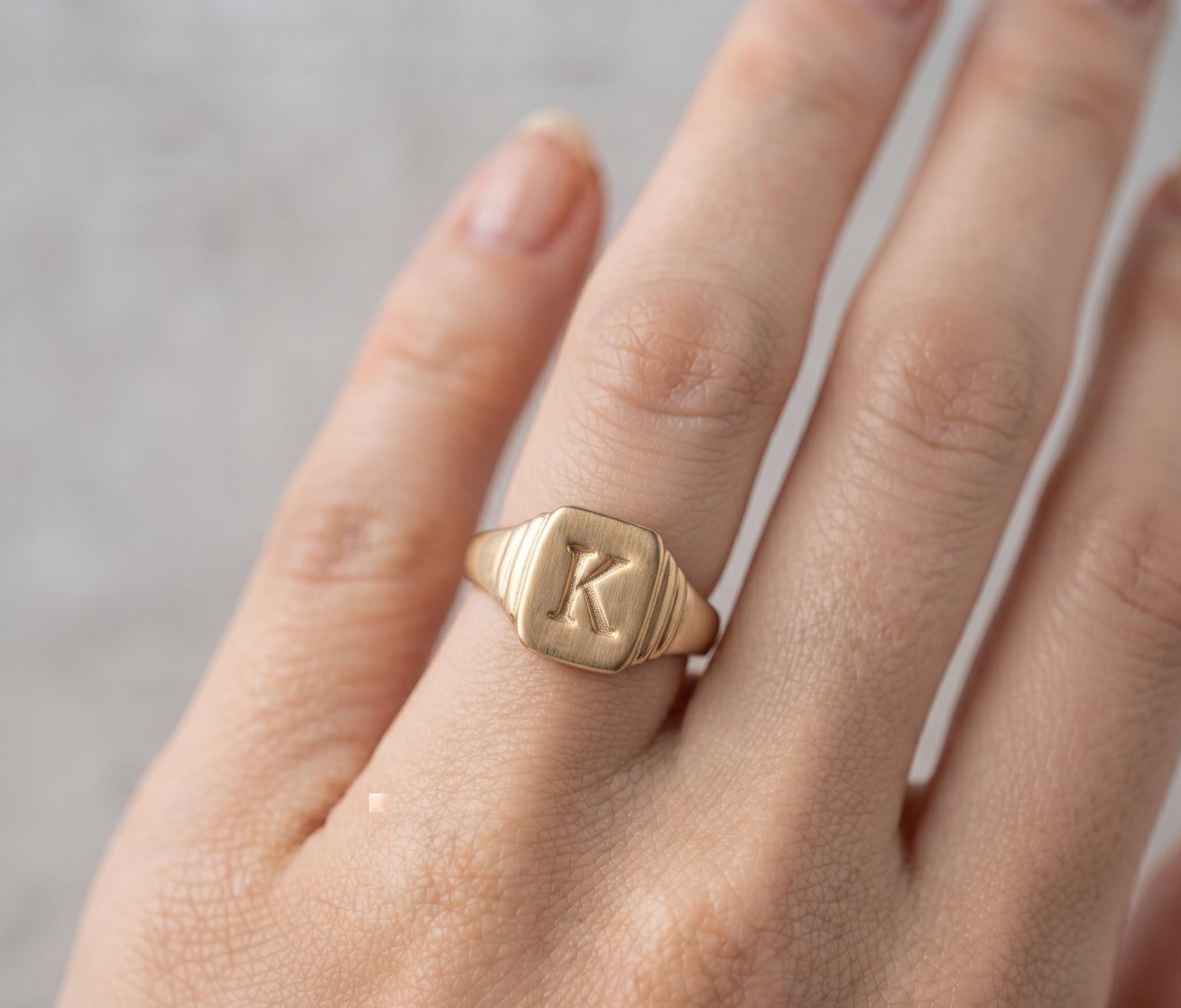 Personalized Initial Signet Ring, Solid Gold Pinky Ring, Engraved Letter Jewelry