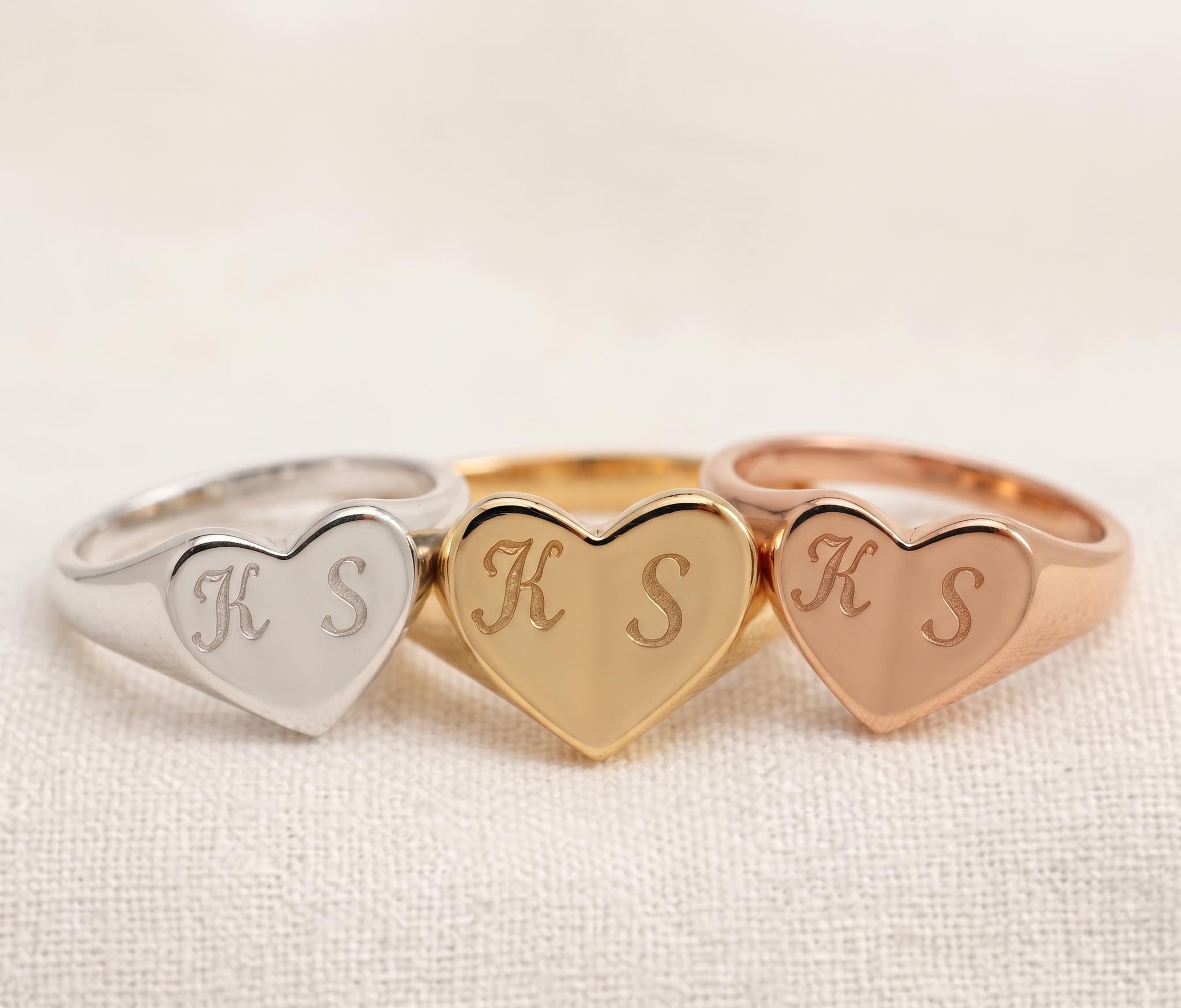 Custom Heart Signet Ring, Engraved Initials, 14K Gold Plated, Romantic Personalized Jewelry