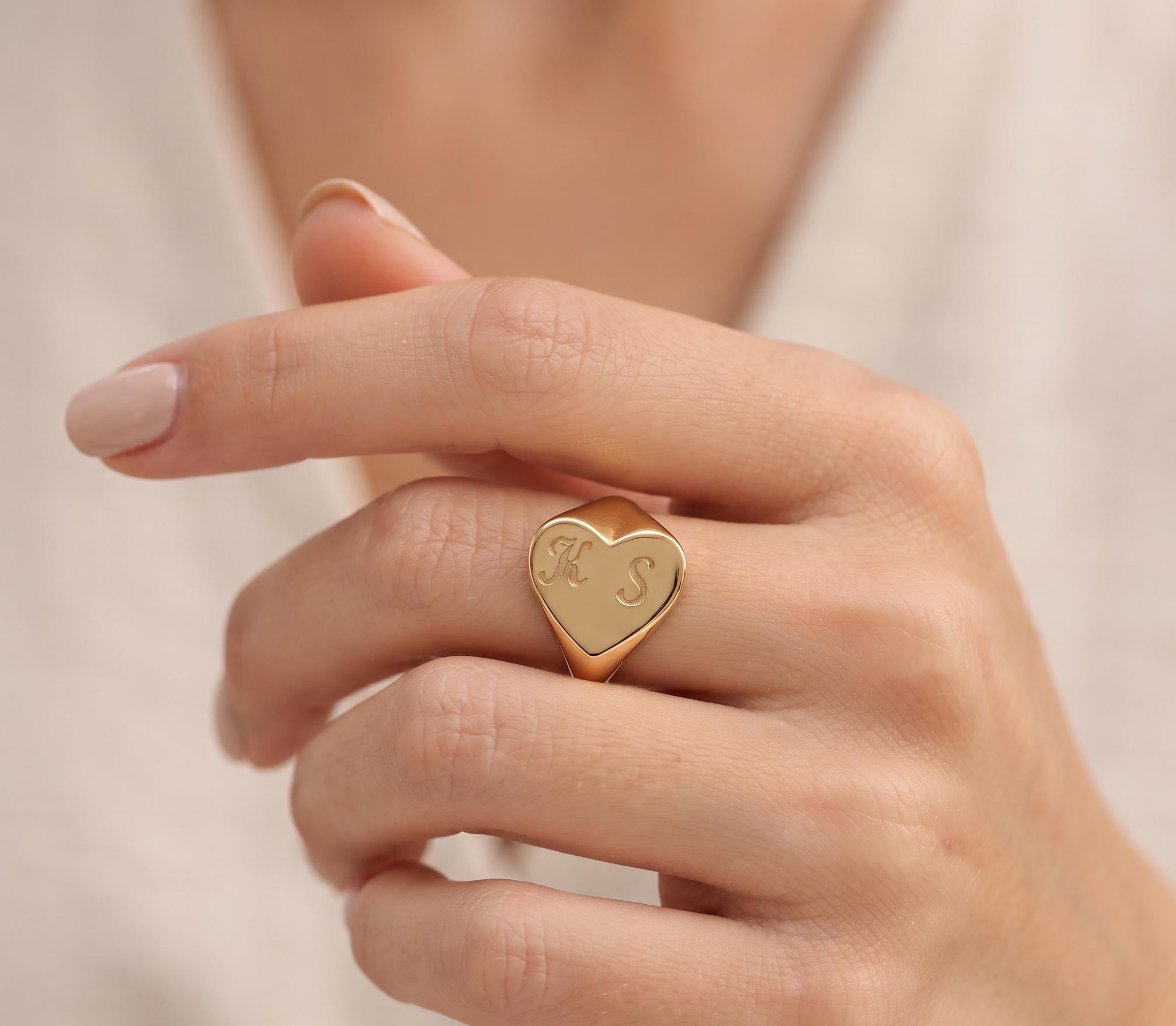 Custom Heart Signet Ring, Engraved Initials, 14K Gold Plated, Romantic Personalized Jewelry